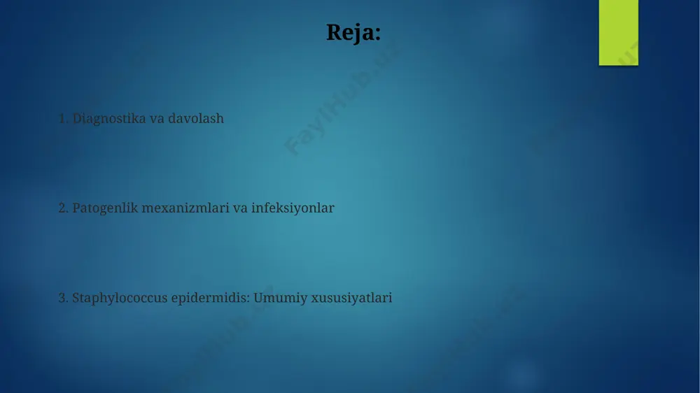 t shahridagi respublika klinikalarida infeksiya xavfini 15% ga kamaytirishga yordam beradi. kasalxonalarda, ayniqsa, intensiv terapiya bo'limlarida, havo sterillash tizimlarini qo'llash orqali staphylococcus epidermidis tarqalishini 5-10% ga pasaytirish mumkin, bu samarqanddagi tajribalar orqali tasdiqlangan. s. epidermidis ning morfologiyasi va fiziologiyasi s. epidermidisning biofilmlar hosil qilish qobiliyati, ayniqsa, tibbiy implantlar sirtiga yopishib, 50% gacha infektsiyalarni keltirib chiqarishi, jahon sog'liqni saqlash tizimlari uchun jiddiy muammo hisoblanadi. ushbu bakteriya fakultativ anaerob bo'lib, 37°c haroratda optimal o'sadi va ko'plab fermentlar, jumladan, katalaz va koagulaza manfiy reaksiyalarni namoyon qiladi, bu uni boshqa staphylococcus turlaridan farqlashga yordam beradi. staphylococcus epidermidis ko'pincha 0,5-1,5 mkm diametrli, gram-musbat kokklar shaklida bo'lib, klasterlar hosil qiladi va odam terisida, shuningdek, turli xil atrof-muhitlarda, masalan, shimoliy amerika kasalxonalarida keng tarqalgan. diagnostika usullari s. epidermidis’ni aniqlashda biokimyoviy testlar, masalan, koagulaza manfiyligi va novobiotsin sezgirligi, masalan, vitek 2 kabi avtomatlashtirilgan tizimlarda qo'llaniladi va natijalarni taxminan 5-7 soat ichida olish mumkin. ko'pgina laboratoriyalarda s. epidermidis’ni aniqlash …