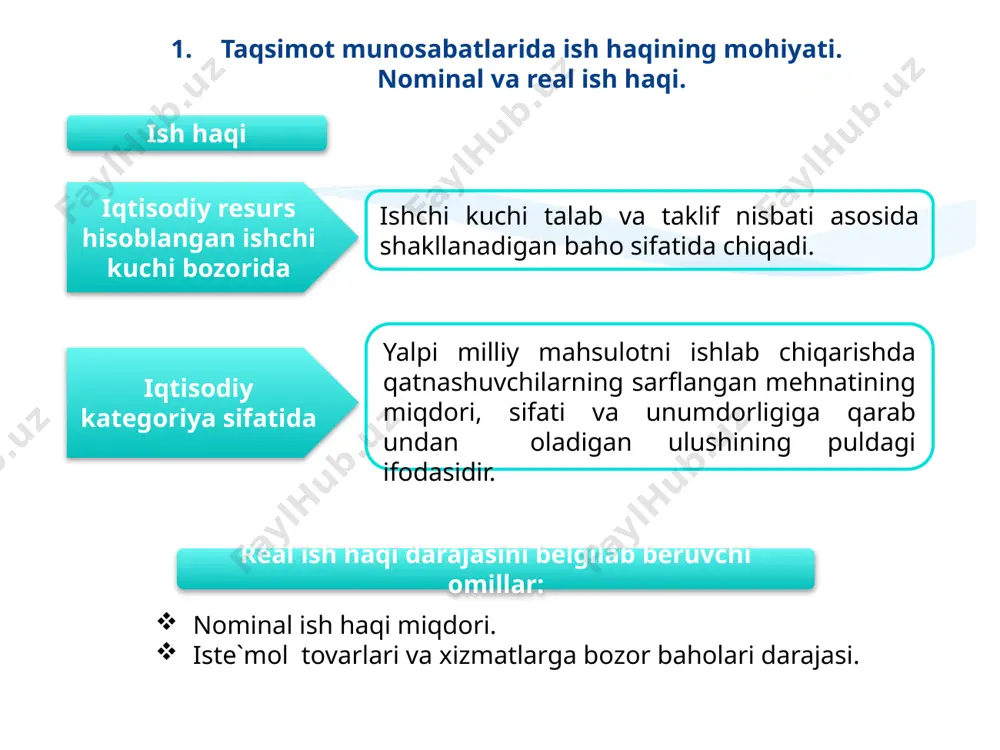 me`yorlashtirilgan hajmiga (qm) bo`lish orqali mahsulot birligi ratsenkasi (mrats) aniqlab olinib, keyin u ishlab chiqarishning umumiy hajmi (q)ga ko`paytiriladi: mrats = -------------- v = mrats x q vtc qm ish haqi to`lashning aniq mehnat sharoitlarini hisobga olib, qo`llaniladigan turlari ish haqi tizimini tashkil qiladi. ish bay ish haqi 1. oddiy ish bay 2. ishbay mukofotli bunda ishlab chiqarishning natijalari va boshqa ko`rsatkichlar uchun mukofot berish nazarda tutiladi. 3. ishbay progressiv bunda ishlab chiqarishning me`yorlashtirilgan hajmi uchun belgilangan va undan ortiqchasiga oshirilgan ratsenka bo`yicha ish haqi to`lanadi. bunda ish haqi mahsulot birligi uchun belgilangan yagona ratsenka bo`yicha to`lab boriladi. tarmoqlar, mamlakat hududlari, ishlab chiqarish va kasb turlari, turli toifadagi xodimlar hamda xizmat vazifalari bo`yicha ish haqi darajasini tabaqalashtirish tarif tizimi orqali amalga oshiriladi. tarif tizimi unda ayrim kasb va ish turlarining ta`rifi, aniq bir ishni bajaruvchilarning malaka va ko`nikmalariga qo`yiladigan talablar hamda ularning razryadlari ko`rsatiladi. ta`rif – malaka ma`lumotnomalar. ta`rif - …