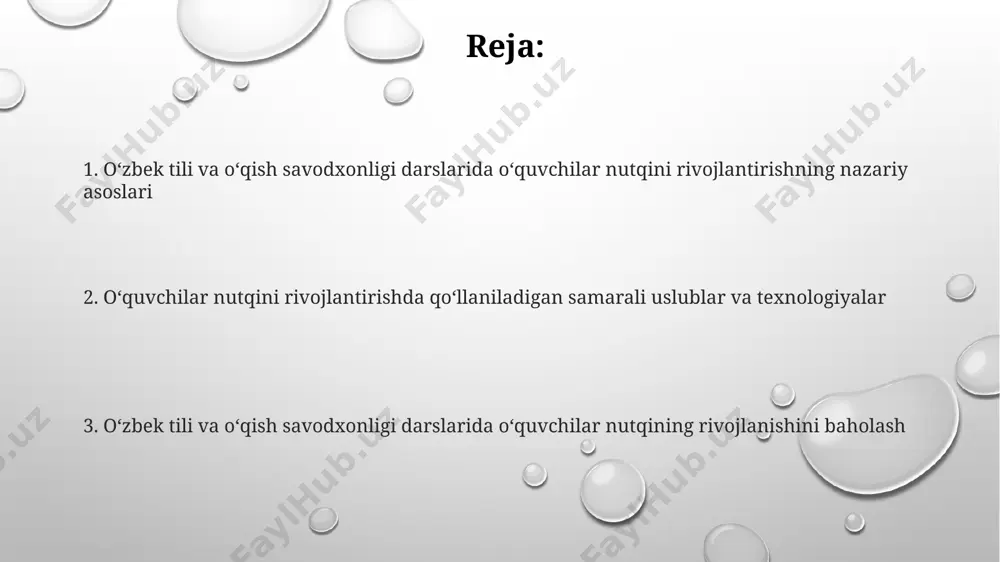 larning muloqot ko'nikmalarini, so'z boyligini va ifoda etuvchanligini rivojlantiradi. nutqni rivojlantirishda 5-7 yoshli bolalar uchun 3 ta so'zdan iborat gaplarni tuzish va ularni rasmlar bilan bog'lash mashqlari samarali hisoblanadi, bu lug'at boyligini oshiradi. oʻquvchilarning nutqini baholash mezonlari matnni tushunish va mazmunini qisqacha bayon etish, savollarga toʻliq javob berish koʻnikmalari (10 balldan baholanadi). oʻquvchining nutqining aniqligi va toʻgʻriligi, lugʻat boyligi (kamida 20 ta soʻz) hamda grammatik tuzilmalarning toʻgʻri qoʻllanilishi (5 balldan baholanadi). monologik va dialogik nutq koʻnikmalarini egallash darajasi, fikrlarini izchil bayon etish qobiliyati (3 ball shkalasi boʻyicha baholanadi). oʻzbek tili darslarida nutq rivojlanishining ahamiyati nutq rivojlanishi darslarida turli didaktik oʻyinlar va mashqlarni qoʻllash (kamida 5 turdagi), oʻquvchilarning ijodiy fikrlash qobiliyatini rivojlantirib, kommunikativ kompetentsiyasini yuqori darajaga koʻtaradi. oʻzbek tili darslarida toʻliq qamrovli nutq rivojlanishi, 5-11 yoshdagi oʻquvchilarning lugʻat boyligini 30% ga oshirib, fikrlash va muloqot koʻnikmalarini yaxshilaydi. ona tili darslarida nutqning barcha turlarini (ogʻzaki, yozma) rivojlantirish, oʻquvchilarning akademik muvaffaqiyatini 20% ga …