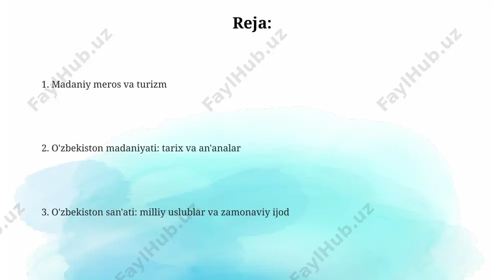 lib, 250 dan ortiq tarixiy binolarni oʻz ichiga olgan, oʻrta asr shaharsozligi va meʼmorchiligining noyob namunasi hisoblanadi. samarqanddagi registon maydonidagi uchta madrasa – ulugʻbek, sherdor va tilya-kori madrasalari, 15-17-asrlarga oid meʼmorchilik durdonalari boʻlib, murakkab geometrik naqshlar va majoziy bezaklar bilan bezatilgan. buxoro shahridagi poy-kalyon majmuasi, 12-asrda qurilgan qadimiy minorasi va katta masjidi bilan, oʻzining baland minorasi va gʻishtli meʼmorchiligi bilan mashhur boʻlgan, markaziy osiyo meʼmorchiligining ajoyib namunasi hisoblanadi. oʻzbekiston madaniyatining qadimgi ildizlari marg'ilon shahri yaqinida topilgan 15-asrga oid chinnigullar bilan bezatilgan sopol idishlar, o'zbekistonning xalq hunarmandchiligi an'analarining 500 yildan ortiq tarixga ega ekanligidan guvohlik beradi. afrasiab qal’asi xarobalari samarqand yaqinida miloddan avvalgi 5-asrga oid 1000 dan ortiq noyob devoriy rasmlarni o'zida mujassam etgan bo'lib, qadimgi buxoro madaniyatining boyligidan dalolat beradi. milodiy i-ii asrlarda buxoro vohasida joylashgan dalverzintepa arxeologik yodgorligi 2000 dan ortiq turar joy va 500 ga yaqin maqbara qoldiqlari bilan o'zbekiston madaniyatining shakllanishidagi muhim rolini aks ettiradi. madaniy turizm …