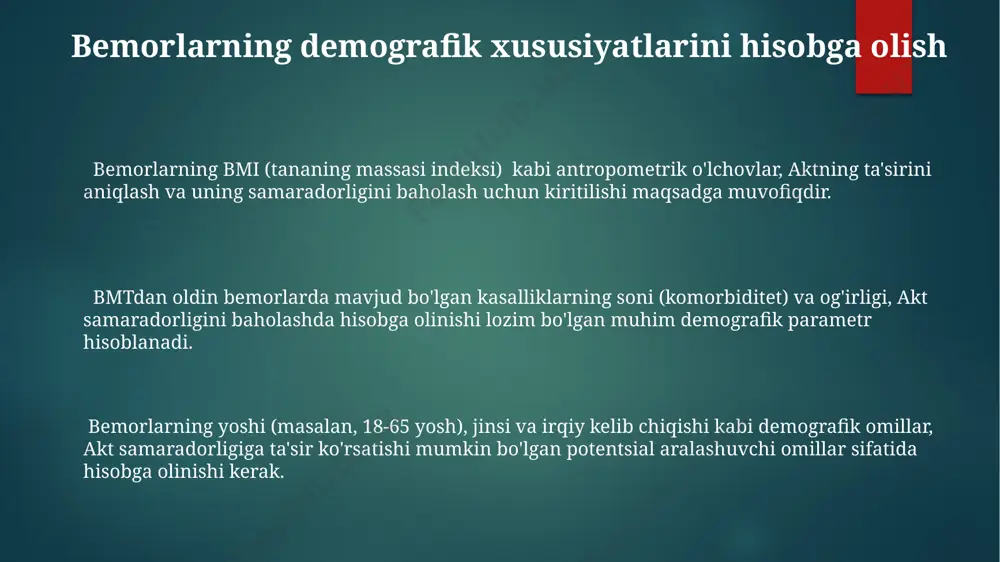 ik ko'rsatkichiga erishilgan. kelajakdagi tadqiqotlar yo'nalishlari aktning turli izoformalarining (akt1, akt2, akt3) bmt samaradorligiga ta'sirini alohida o'rganish va har bir izoforma uchun alohida indeks yaratish bo'yicha tadqiqotlar olib borish kerak. bmtdan keyingi uzoq muddatli (5 yil va undan ko'p) natijalarni tahlil qilish va akt samaradorligi indeksi bilan bog'liq uzoq muddatli prognozlarni yaratishga qaratilgan 100 dan ortiq bemorlarni qamrab oluvchi katta hajmdagi klinik tadqiqotlar lozim. aktning bmtda samaradorligini baholash indeksining ko'p omilli tahlilini o'tkazish, kamida 5 ta klinik omilni hisobga olgan holda, prognoz aniqligini oshirishga qaratilgan. klinik natijalar bilan korrelyatsiya indeksning leykotsitlar soni va gemoglobin darajasi kabi gematologik parametrlar bilan kuchsiz korrelyatsiyasi (r 0.6) bmt muvaffaqiyatini aniqlashda indeksning ahamiyatini tasdiqlaydi. akt faolligining bmt samaradorligini baholash indeksining klinik natijalar bilan 0,7 dan yuqori korrelyatsion koeffitsiyenti yuqori prognoz qobiliyatini ko'rsatadi. turli xil bmt protokollari bilan mosligi aktning samaradorligini baholash indeksi turli xil bmt protokollari (masalan, allojenik, avtologik) ning 3 ta asosiy turi bilan …