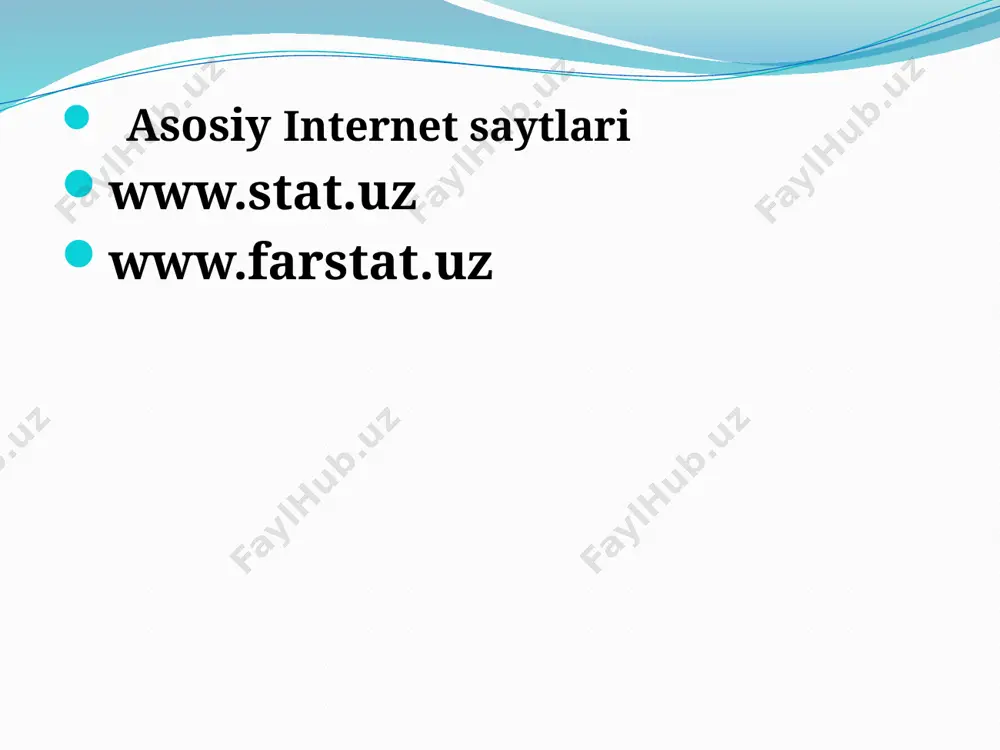 xil bo’lgan) va turli jinsli bo’lishi mumkin. belgi bu to’plam birligining sifatiy xususiyatidir. o’rganilayotgan to’plam birligini ifodalash xarakteriga qarab belgilar miqdoriy, atributiv va alternativ belgilarga bo’linadi. statistik ko’rsatkich bu kategoriya bo’lib, hodisa va voqealarni aniq sharoit va vaqtdagi miqdoriy tasvirlanishidir statistik ko’rsatkichlar tizimi bu bir-biri bilan o’zaro bog’langan statistik ko’rsatkichlar yig’indisidir. statistik ko’rsatkichlar tizimi ijtimoiy hayotni barcha pog’onalarini o’zida qamrab oladi mamlakatda statistika rivojining tarixiy bosqichlari 1992 yilning 5 avgust o’zbekiston respublikasi prezidentining “o’zbekiston respublikasi prezidentining vazirlar mahkamasi huzurida istiqbolni belgilash va statistika davlat qo’mitasini tuzish to’g’risida”gi farmoniga ko’ra “o’zistiqbolstat” davlat qo’mitasi tuzildi. farmonga binoan o’zbekiston rivojlanish istiqbollarni belgilash qo’mitasi va o’zbekiston davlat statistika qo’mitasi birlashtirildi mamlakatda statistika rivojining tarixiy bosqichlari 1997 yilning 15 may “o’zistiqbolstat” davlat qo’mitasi makroiqtisodiyot va statistika vazirligiga aylantirildi mamlakatda statistika rivojining tarixiy bosqichlari 2002 yil 24 dekabr “o’zbekiston respublikasi makroiqtisodiyot va statistika vazirligini qayta tashkil etish to’g’risisda”gi farmoniga ko’ra makroiqtisodiyot va statistika vazirligi tugatilib, uning …