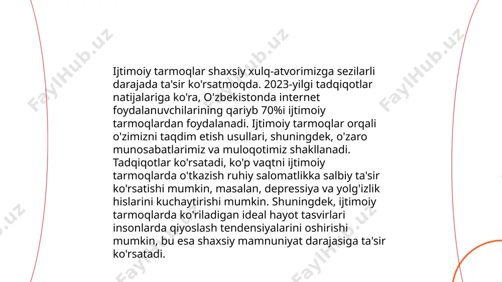 kontentga sarflanadi. shu sababli, har 10 boladan 7 nafari ommaviy axborot vositalaridagi tasvirlar natijasida yomon ta'sirlarga duch kelishi mumkin. mutaxassislar bolalarning oavdan olgan ma'lumotlari ularning ijtimoiy harakatlariga, til va xulq-atvoriga ta’sir ko'rsatishini ta’kidlashadi. 90% ota-onalar esa farzandlarining oavdan qay darajada ta'sirlanganini nazorat qilishlari kerakligini bilishadi, lekin faqatgina 45% ota-onalar buni amalda qiladilar. ... t.me/slaydai_bot fikr erkinligi va soʻz erkinligi internetda fundamental huquqlardandir. birlashgan millatlar tashkiloti inson huquqlari deklaratsiyasining 19-moddasida har bir inson oʻz fikrini bayon etish huquqiga ega ekanligi belgilangan. 2022-yilda oʻzbekistonda internet foydalanuvchilari soni 27 millionga yetdi, bu esa aholining 75 foizini tashkil etadi. internetning rivojlanishi fikr va soʻz erkinligini yangi darajaga olib chiqdi, lekin ba'zi cheklovlar ham mavjud. transparency international ma'lumotlariga koʻra, jurnalistlar oʻzini tazyiqlardan himoyalash uchun koʻpincha oʻz-oʻzini senzura qilishga majbur boʻladi. shu bois soʻz erkinligini ta'minlashda qonuniy kafolatlarga ehtiyoj seziladi. ... t.me/slaydai_bot 10. internet o‘yinlari va agresiv xulq–atvor internet o‘yinlari va agressiv xulq-atvor o‘rtasida bog‘liqlik mavjudligi …