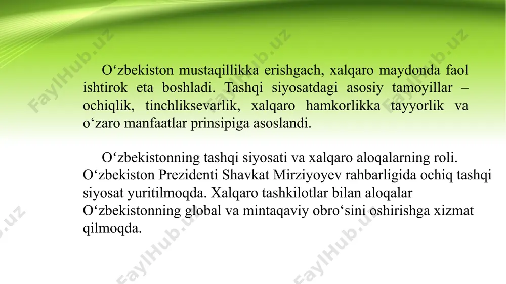 xalqaro valyuta jamg‘armasi, osiyo taraqqiyot banki bilan oʻzbekiston iqtisodiy islohotlarni amalga oshirishda hamkorlik qilmoqda. infratuzilma, energetika, suv resurslarini boshqarish, ta’lim va sog‘liqni saqlash sohalarida moliyaviy ko‘maklar olmoqda. so‘nggi yillardagi yutuqlar oʻzbekistonning xalqaro reytinglardagi o‘rni oshmoqda (transparency international, world bank doing business). bmt, shht, iht va boshqa tashkilotlarda oʻzbekiston tashabbuslari xalqaro hamjamiyat tomonidan ijobiy qarshi olinmoqda. samarqand, toshkent, buxoro shaharlari ko‘plab xalqaro forum va konferensiyalarga mezbonlik qilmoqda. hukumatlararo darajada hamkorlik xalqaro hamkorlik hukumatlararo darajada ham rivojlanmoqda. kosmik sohadagi hamkorlikni rivojlantirish uchun hukumatlar oʻrtasida bir qancha shartnomalar imzolangan, xususan: а. o‘zbekiston respublikasi hukumati bilan hindiston respublikasi hukumati o‘rtasida kosmik fazoni tadqiq etish va undan tinch maqsadlarda foydalanish yuzasidan hamkorlik to‘g‘risida bitim; b. o‘zbekiston respublikasi hukumati bilan qozog‘iston respublikasi hukumati o‘rtasida kosmik fazoni tinchlik maqsadlarida tadqiq etish va foydalanish sohasida hamkorlik to‘g‘risida bitim; c. o‘zbekiston respublikasi axborot texnologiyalari va kommunikatsiyalarini rivojlantirish vazirligi va fransiya respublikasi kosmik tadqiqotlar milliy markazi o‘rtasida kosmik sohadagi hamkorlik …