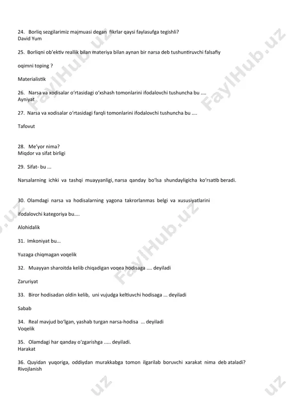 i. individual ong 43. hayotiy tajribalar asosida vujudga kelgan xulosa va qarashlar majmuyi.... odatiy ong 44. kishilarda voqelikni abstrakt – fikriy aks ettira oladigan qobiliyat asosida paydo bo‘ladigan va rivojlanadigan in’ikosning dastlabki shakli bu... tushuncha 45.o‘rganilayotgan ob’ektni mustaqil o‘rganishda qismlarga, tomonlarga bo‘lish asosida tahlil qilish bu… analiz 46. xulosada fikr rivoji umumiy bilimdan xususiy bilim tomon yo‘nalishi bu ... deduksiya 47. nsonning sezgi, idrok, tasavvuridan iborat hissiy qobiliyatlari asosida narsalarni maqsadli o‘rganishga nima deb ataladi? kuzatish 48. ongsizlik nima? inson aqliy sohasidan tashqarida ong tomonidan nazoratga olinmaydigan turli ruhiy hodisa va holatlar majmuyi 49. materiya nima? materiya bu – ob’ektiv reallikdir, uni inson sezgilari orqali aks ettiradi 50. harakat nima? harakat bu – umuman o‘zgarishdir 51. ijtimoiy ong nima? ijtimoiy ong – his-tuyg‘ular, qarashlar, g‘oyalar, nazariyalar majmuidir 52. substansiya nima? olamdagi barcha narsalarning negizi, asosi 53. insonning ma’naviy ehtiyojlariga nimalar kiradi? olamni bilish, dunyoqarash, ma’naviy kamolot yo‘lida intilish 54. davlat …