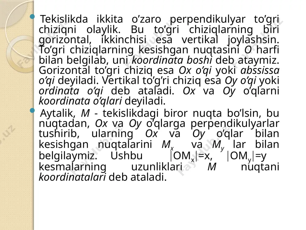 metriyaning asosiy masalasi geometrik obyektlar, xususan to’g’ri chiziq, aylana, tekislik va h.k.larni algebraik tenglamalar bilan ifodalab, bu tenglamalar yordamida unga mos chiziqlarning xususiyatlarini o’rganishdan iborat. xulosa t.a.azlarov va x.t. mansurovning «matematik analiz»(1,2 tom), xorijiy adabiyotlardan s. m.blinderning “guide to essential math” 2nd edition.elsevier, usa 2013, john r. fanchi “math refresher for scientists and engineers”, 3rd.ed., springer- verlag, new york 2008, jay l. devore, kenneth n. berk. modern mathematical statistiks with applications (second edition).- springer science+business media, llc 2012, a.m. ahtamovning “matematika dlya sotsiologov i ekonomistov”, moskva, “fizmatlit”, 2008, а.с.солодовников, в.а.бабайцев, а.в. браилов «математика в экономике», м. »фис», 1-tom,1998, i.a.zaytsev “vishiy matematika”, moskva, 1991, hamda b.abdalimov, a.a.fayziyev, b.rajabov, l. rajabovalarning “oliy matematika, ehtimollar nazariyasi va matematik statistika” t.“tashdau”, 2014, adabiyotlar . turli foizlarni hisoblash va ularning qishloq xo`jalik masalalarini yechishga qo`llanilishi reja: oddiy foizli jamg’armalarni hisoblash. murakkab foizli jamg’arma. o’rtacha o’sish sur’atini aniqlash. qimmatbaho qog’ozlarning baho qiytmatini aniqlash. xo’jalikning uzoq muddatli …