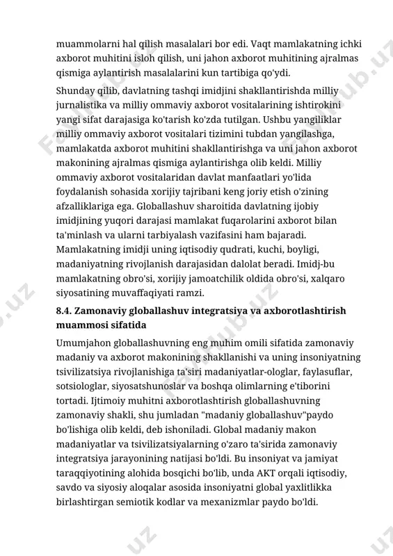 iy munosabatlarning mediatizatsiyasi deb ataladi. amerika ovozi (ingl. amerika ovozi, qisqacha. voa) amerika xalqaro jamoat radiokompaniyasi va unga kiruvchi radiostansiya. "amerika ovozi" faoliyati eshittirishlar bo'yicha boshqaruvchilar kengashi tomonidan muvofiqlashtiriladi. "amerika ovozi" radiostansiyasi birinchi marta 1942 yil 24 fevralda efirga chiqdi. "biz amerika va urush haqida gaplashamiz, yangiliklar yaxshi yoki yomon bo'lishi mumkin-biz sizga haqiqatni aytib beramiz", dedi stantsiya shu so'zlar bilan eshittirishni boshladi. "amerika ovozi" gebbelsning targ'ibot mashinasiga qarshi yaratilgan. 2008 yil 27 iyulda "amerika ovozi" rus xizmati radioeshittirishlarni to'xtatdi va to'liq internetga o'tdi. axborot globallashuvi jarayonlarida ommaviy axborot vositalari bevosita ishtirok etadi. ular shaharlar, mamlakatlar, qit'alar va butun dunyo aholisining ijtimoiy ongini boshqaradigan ommaviy axborot vositalariga aylanadi. ammo ommaviy axborot vositalarining o'zi ham global tendentsiyalarning ta'sirini boshdan kechirmoqda. yagona axborot makonining kontseptsiyasi til o'zgarishi dinamikasini tushunish uchun muhim ahamiyatga ega, chunki u dunyo va milliy ommaviy axborot vositalarining ko'p qirrali faoliyatini yagona, yaxlit tizim shaklida taqdim etishga imkon beradi, …