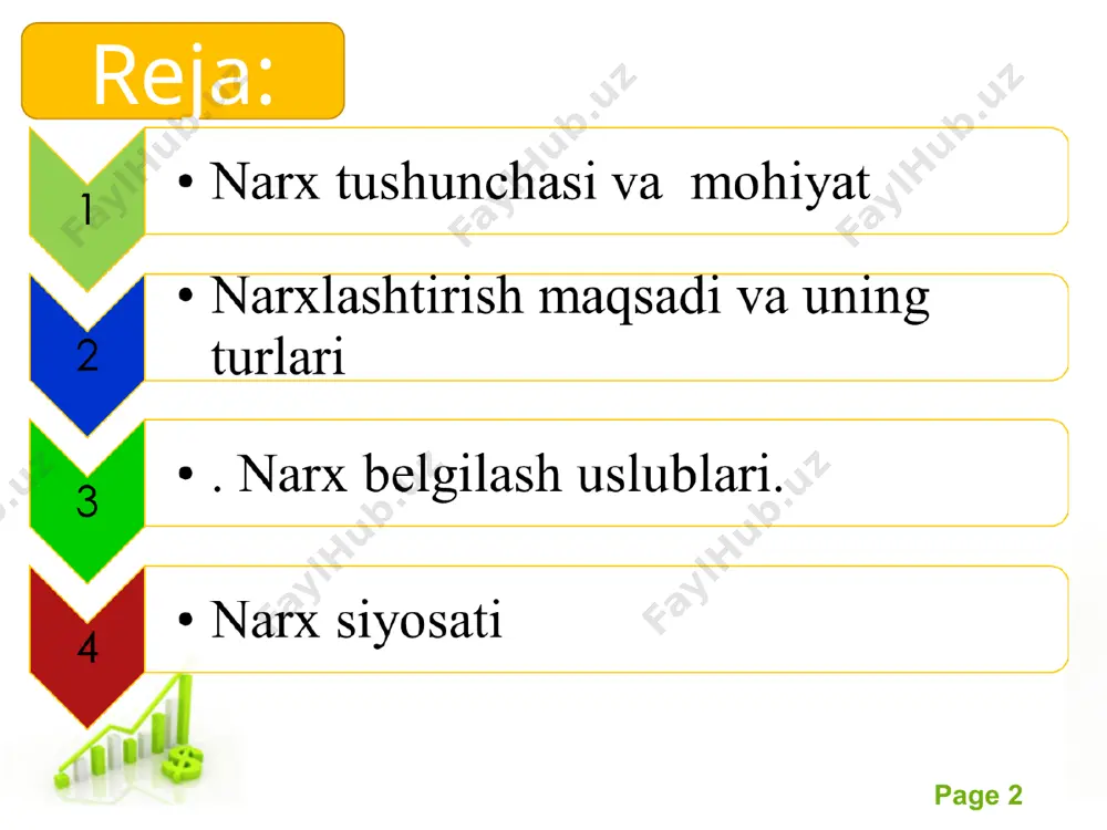 rentabelligi bo’yicha baho belgilash uslubi korxona har yili 40000 dona mahsulot ishlab chiqarishni ko’zda tutadi. mahsulot birliga to’g’ri keladigan o’zgaruvchan harajatlar 3500 so’mga teng. doimiy xarajatlar 70000 ming so’m bo’lib,korxona uchun bankdan 100000 ming so’m moliyaviy ko’mak kerak bo’ladi. bunda yillik foiz stavkasi 17 foizni tashkil etadi. mahsulot birligi uchun narxni hisoblaymiz mahsulot birligiga to’g’ri keladigan to’liq xarajatlarni hisoblaymiz: 3500+1750=5250 so’m mahsulot birligiga to’g’ri keladigan investitsiya rentabelligini aniqlaymiz: (100 000 000 × 0,17) / 40 000=425 so’m mahsulot bahosi quyidagiga teng bo’ladi: 5250+425=5675 so’m mahsulot birligi uchun to’g’ri keladigan doimiy xarajatlarni aniqlaymiz: 70000000/40000=1750 so’m free powerpoint templates page * free powerpoint templates page * free powerpoint templates page * diskriminatsiya baholarni belgilash diskriminatsiya (bir xil boʼlmagan) baholarni belgilashda korxona bir xil mahsulot yoki xizmat uchun turli xil shaklda, turli xil baxo belgilaydi. psixologik jihatdan jozibador baholarni belgilash bunda xaridorlar psixologiyasi hisobga olinadi. bahoni butun son emas undan biroz kamroq raqamlarda …
