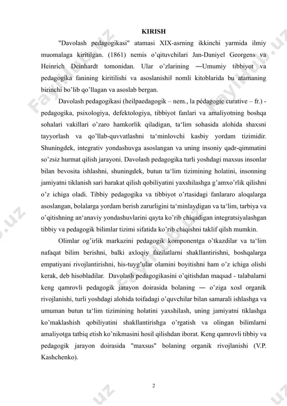 ashga va umuman butun ta‘lim tizimining holatini yaxshilash, uning jamiyatni tiklashga ko’maklashish qobiliyatini shakllantirishga o’rgatish va olingan bilimlarni amaliyotga tatbiq etish ko’nikmasini hosil qilishdan iborat. keng qamrovli tibbiy va pedagogik jarayon doirasida "maxsus" bolaning organik rivojlanishi (v.p. kashchenko). 1. davolash pedagogikasining vazifalari - talabalarni zarur nazariy bilimlar, amaliy ko’nikmalar bilan qurollantirish; - pedagogika, psixologiya, defektologiya, tibbiyot fanlari va amaliyotning boshqa sohalari vakillari hamkorligida uzoq muddatli davolanishda bo’lgan yoki sog’lig’i sababli ta‘lim tashkilotlariga muntazam bora olmaydigan bolalar uchun ta‘limni to’g’ri tashkil etishni; - ularni har tomonlama qo’llab-quvvatlashni, insoniy qadr-qimmatni ta‘minlash; - talabalarning amaliy faoliyatida olgan bilim, ko’nikmalarini kasbiy faoliyatida qo’llay olishiga erishishni nazarda tutadi. bolaning yangi ko’nikma va bilimlarni o’zlashtirishi o’z-o’zidan emas, balki uning amaliy faoliyati, ularning real hayotdagi talabi bilan bog’liq holda muhimdir. georgens va deynxardning faoliyati va kitoblarida zamonaviy tibbiyot pedagogikasining eng muhim g’oyalarini ko’rish mumkin. zamonaviy tibbiy pedagogika yoshi, nogironlik darajasi, ijtimoiy mavqei, tajribasi va boshqalardan qat‘iy nazar, …