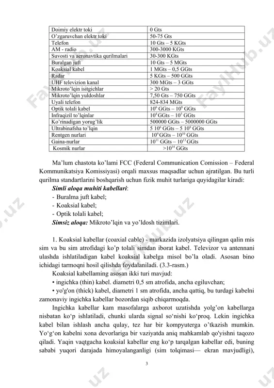 ggts – 1013 ggts kosmik nurlar >1014 ggts ma’lum chastota ko’lami fcc (federal communication comission – federal kommunikatsiya komissiyasi) orqali maxsus maqsadlar uchun ajratilgan. bu turli qurilma standartlarini boshqarish uchun fizik muhit turlariga quyidagilar kiradi: simli aloqa muhiti kabellari: buralma juft kabel; koaksial kabel; optik tolali kabel; simsiz aloqa: mikroto’lqin va yo’ldosh tizimlari. koaksial kabellar (coaxial cable) - markazida izolyatsiya qilingan qalin mis sim va bu sim atrofidagi ko’p tolali simdan iborat kabel. televizor va antennani ulashda ishlatiladigan kabel koaksial kabelga misol bo’la oladi. asosan bino ichidagi tarmoqni hosil qilishda foydalaniladi. (3.3-rasm.) koaksial kabellaming asosan ikki turi mavjud: • ingichka (thin) kabel. diametri 0,5 sm atrofida, ancha egiluvchan; • yo'g'on (thick) kabel, diametri 1 sm atrofida, ancha qattiq, bu turdagi kabelni zamonaviy ingichka kabellar bozordan siqib chiqarmoqda. ingichka kabellar kam masofalarga axborot uzatishda yolg’on kabellarga nisbatan ko‘p ishlatiladi, chunki ularda signal so‘nishi ko‘proq. lekin ingichka kabel bilan ishlash ancha qulay, …