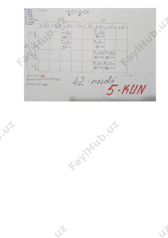 miqdori nerv sistemasida, 50 % miqdori muskul to’qimasida parchalandi. 5% miqdori jigarda glikogen sinteziga, 10 % miqdori hujayralarda assimilatsiyaga sarflandi qolgan qismi qonda saqlanib qoldi. nerv sistemasida glukozaning 1/2 to’la, muskullarda 2/5 qismi chala parchalandi natijada nerv sistemasidan xosil bo’gan issiqlik energiyasi va muskullarda xosil bo’lgan atf energiyasi farqi 8040 kj bo’lsa, topshiriqni bajarish tartibi: 1) masala yechimini to'liq yozing! berilgan ma’lumotlardan foydalanib quyidagi (a-c) topshiriqlarni bajaring. a) qonda ortib qolgan glukoza molini toping. b) muskul hujayrasining sitoplazmasida qancha issiqlik energiyasi (kj) ajralgan? c) umumiy aerob sharoitda xosil bo'lgan atf lar soni nechta? diqqat! mazkur topshiriq kengaytirilgan javobni talab etib, uning yechilish uslubi va barcha arifmetik hisob-kitob amallarini javoblar varaqasida to‘liq aks ettirish talab etiladi. image1.png image2.png image3.png