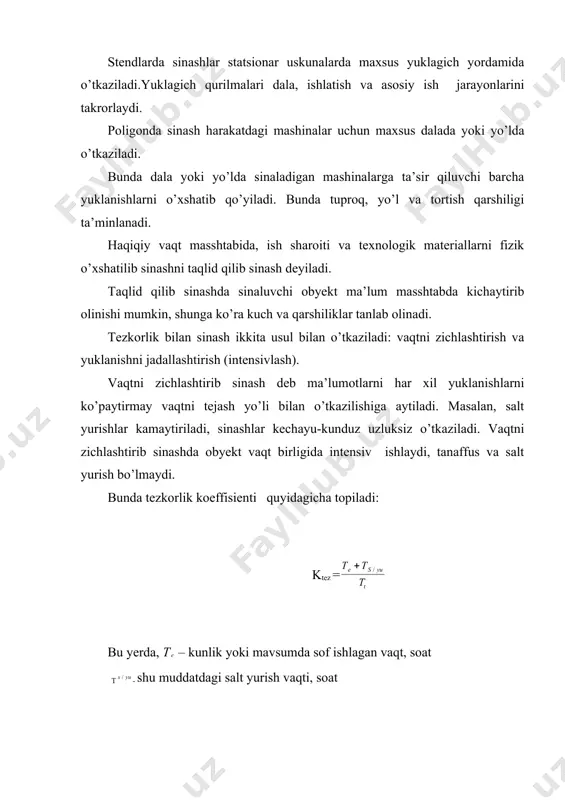 balari ham doimiy oshib boryapti. mashinalar ishonchliligini oshirish bilan uning raqobatbordoshligi oshadi, mehnat va yonergiya resurslari tejaladi, yong muhim mashinaning samaradorligi oshadi. texnika yyoarli darajada ishonli bo’lmasa, ularning ish paytida tez-tez buzilishi sodir bo’ladi, oqibatda qishloq xo’jalik ishlarini bajarish muddatlari kechiqadi, ekinlar rivojlanishi yomonlashib natijada hosildorlik keskin kamayishi mumkin. umuman, mashinalar ishonchliligini oshirishga qaratilgan barcha tadbirlarni quyidagi to’rt guruhga bo’lish mumkin: 1. loyihalash davrida ishonchlilikni oshirish tadbirlari; 2. mashinalarni tayyorlashda ularni ishonchliligini oshirish tadbirlari. 3. foydalanish davrida mashinalar ishonchliligini oshirish tadbirlari. 4. mashinalarni remont qilishda, ularni ishonchliligini ta‘minlash tadbirlari. loyihalash davrida qishloq xo’jalik texnikasining ishonchliligini oshirishga qaratilgan asosiy konstruktiv tadbirlarni quyidagicha guruhlarga ajratiladi: 1.mashinaning loyiha qo’rinishini (konstro’qtsiyasini) oddiylashtirish, tarkibiy qismlar sonini ularni maqbo’llashtirish yo’li bilan qisqartirish. 2. mashinalar ishonchliligini cheklovchi qismlarini yanada puxtaroq qismlar bilan almashtirish. 3. detallarni tayyorlashda ko’pga chidamli materiallarni tanlash va ularni mo’qobil birikmasini topish. 4. mashinaning uzoq ishlashini, detallarning mustahkamlik zaxirasini oshirish yo’li bilan ta‘minlash. bu …