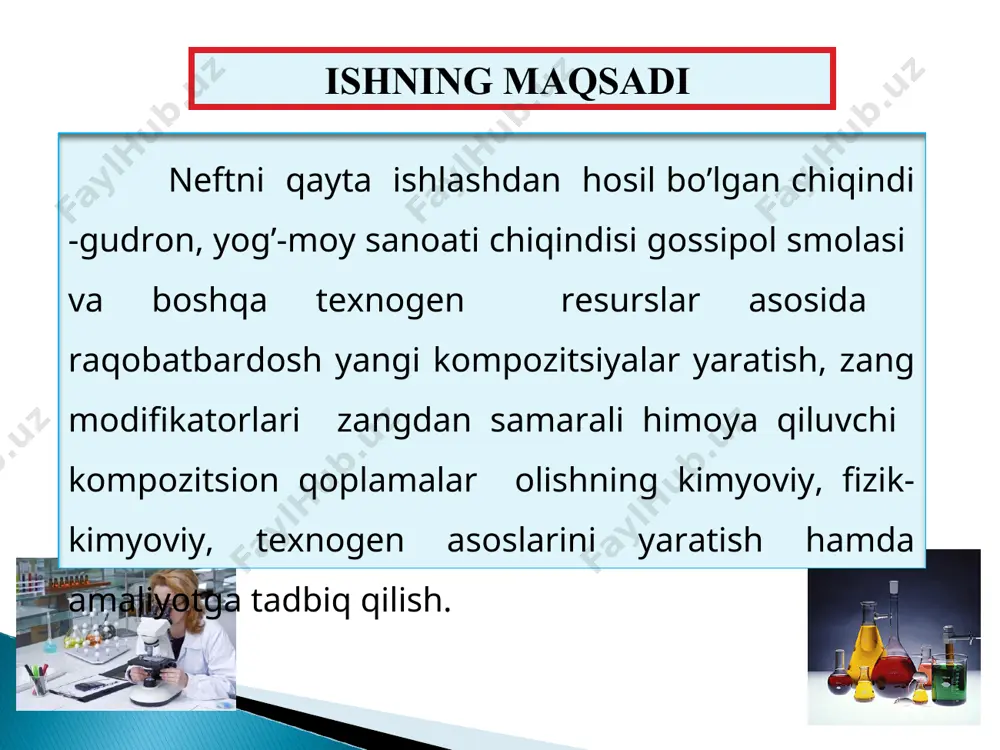 yuvuvchi vosita olish texnologik sxemasi gidroliz lignini, geksametilentetramin, ekstrakstion fosfat kislota asosida zang modifikatori olishning texnologik sxemasi 1­ fosfat kislota uchun sig’im; 2−markazdan qochma nasos; 3−sintez reaktori; 4−elektrodvigatel; 5− aralashtirgich; 6−gidloliz lignini uchun bunker; 7− geksametilentetramin uchun bunker; 8−furfuril spirti uchun idish; 9−qadoqlash uskunasi gossipol smolasini havo kislorodi bilan oksidlash orqali gudronsimon kompozitsiya olish bo’yicha tadqiqot natijalari oksidlash sharoiti oc oksidlash vaqti, min 25 ocda igna botish chuqurligi, 0,1mm yumshash harorati, oc 25 oc da cho’ziluv-chanligi, mm chaqnash harorati, oc 230 60 130 33 60 310 90 108 35 50 312 120 90 40 44 315 150 75 47 38 315 180 45-62 55-58 39 315 250 60 95 42 43 312 90 62 50 25 316 120 38 58 10 315 150 22-28 72-77 3 318 270 60 70 76 25 312 90 30 72 10 317 120 8,0-15 95-100 1 320 130 7,5 105 2 320 xulosa 1. …