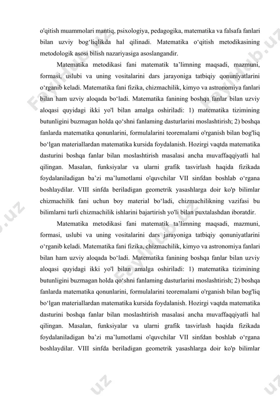 ik yasashlarga doir ko'p bilimlar chizmachilik fani uchun boy material bo‘ladi, chizmachilikning vazifasi bu bilimlarni turli chizmachilik ishlarini bajartirish yo'li bilan puxtalashdan iboratdir. matematika metodikasi fani matematik ta’limning maqsadi, mazmuni, formasi, uslubi va uning vositalarini dars jarayoniga tatbiqiy qonuniyatlarini o‘rganib keladi. matematika fani fizika, chizmachilik, kimyo va astronomiya fanlari bilan ham uzviy aloqada bo‘ladi. matematika fanining boshqa fanlar bilan uzviy aloqasi quyidagi ikki yo'l bilan amalga oshiriladi: 1) matematika tizimining butunligini buzmagan holda qo‘shni fanlaming dasturlarini moslashtirish; 2) boshqa fanlarda matematika qonunlarini, formulalarini teoremalami o'rganish bilan bog'liq bo‘lgan materiallardan matematika kursida foydalanish. hozirgi vaqtda matematika dasturini boshqa fanlar bilan moslashtirish masalasi ancha muvaffaqqiyatli hal qilingan. masalan, funksiyalar va ularni grafik tasvirlash haqida fizikada foydalaniladigan ba’zi ma’lumotlami o'quvchilar vii sinfdan boshlab o‘rgana boshlaydilar. viii sinfda beriladigan geometrik yasashlarga doir ko'p bilimlar chizmachilik fani uchun boy material bo‘ladi, chizmachilikning vazifasi bu bilimlarni turli chizmachilik ishlarini bajartirish yo'li bilan puxtalashdan iboratdir. qo'shni fanlarga …