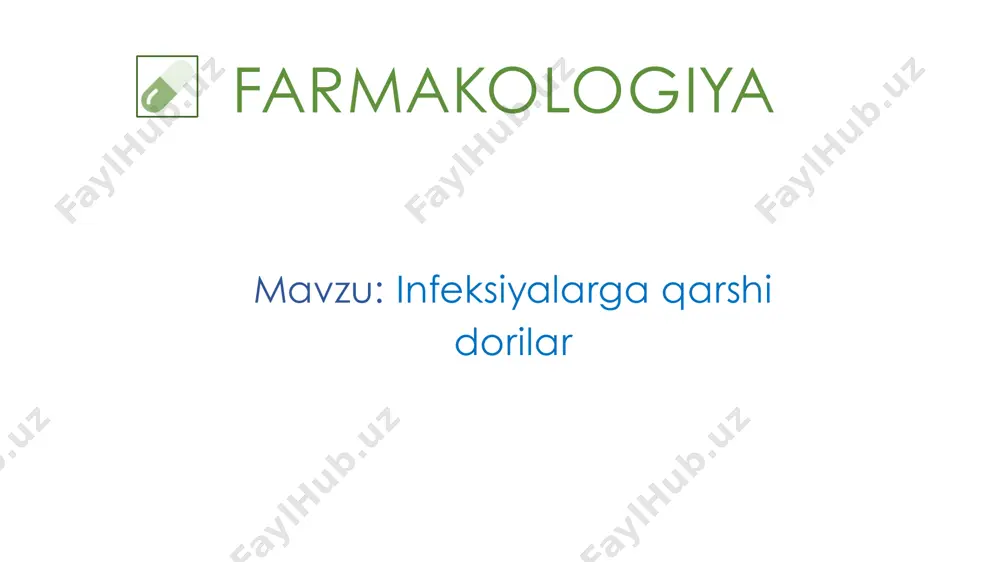 lta’sirqiluvchiantibiotiklarni vaqtda kasallik qo’zg’asa foydalidir birlashtirish orqali antibakterial moddalar • bu moddalargaquyidagilarnikiritamiz – antibakterial kimyoterapiya preparatlari – tuberkulyozga qarshi dorilar – antibiotiklar antibiotiklar ●ta’rif: 2. aminoglikozidlar 3. glikopeptidlar vakillari 1. β–laktamantibiotiklari 4. makrolidvaketolidlar 5. linkosamidlar 6. tetrasiklinlar 7. fosfomitsin 8. tigesiklin 9. daptomitsin 10. fidaksomitsin – penitsillinlar sefalosporinlar karbapanemlar monobaktamlar β –laktamazaingibitorlari bakterial infeksiyalarni davolash va oldini olish uchun mikroorganizmlar tomonidan ajratilgan va yarim sintetik modifikatsiyalangan moddalar • • • • • β – laktam antibiotiklari umumiy ma’lumot • • • • ushbumoddalarkimyoviytuzilishjihatidan4 a’zoli β – laktamni o’z ichiga oladi ushbu qism antibakterial ta’sir uchun javobgar hisoblanadi shu sababbuguruhgamansubantibiotiklarbirxil ta’sir qiladi 5 ta guruhgaajratiladi vakillari ta’sir mexanizmi • • • • • • • penitsillinlar sefalosporinlar karbapenemlar monobaktamlar β – laktamaza ingibitorlari devori sintezini ingibirlaydi bu ingibirlanishasosidabakteriya membranasi sintezida qatnashuvchi transpeptidaza fermenti ingibirlanishi yotadi hujayra devori sintezi ingibirlanishi orqali bakteriyalarga bakteritsid ta’sir qiladi • β – laktam antibiotiklari bakteriya hujayra …