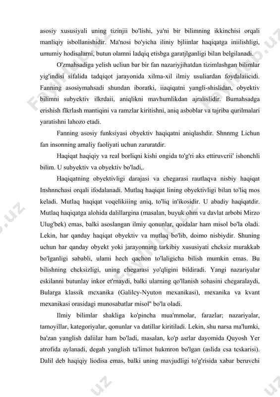 cha mua'mmolar, farazlar; nazariyalar, tamoyillar, kategoriyalar, qonunlar va datillar kiritiladi. lekin, shu narsa ma'lumki, ba'zan yanglish daliilar ham bo'ladi, masalan, ko'p asrlar dayomida quyosh yer atrofida aylanadi, degah yanglish ta'limot hukmron bo'lgan (aslida csa tcskarisi). dalil deb haqiqiy liodisa emas, balki uning mavjudligi to'g'risida xabar beruvchi bilimlar tushuniladi. shuning uchun ilmiy bilimlarning hamma shakllari va birinclii holda dalillarning hatjiqiyligi qattiq tekshirishdan o'tishi kerak. ilmiy bilishda dalillarning ahamiyati to'g'risida fiziolog i.p.pavlov' shunday degan: «fanda qora ishni qilishni o'rganing. tadqiqot o'tkazing, taqqoslang, daliilar yig*ing. daliilar - olim uchun havoday zarur. ularsiz. siz hech qachon «ucha olmaysiz». ularsiz nazariyangiz; qumq chaqiriqdir». muammo - bu hal qilinishi lozim bo'lgan jiddiy masala, olimlar tomonidan tushunilgan, lekin unga javob berish uchun bor bilimlar yetishmaydigan savoldir. ilmiy muammoni to'g'ri tanlash juda muhimdir.' ilmiy gipoteza (faraz) - bu haqiqiyligi yoki noto'g'riligi hali isbotlanmagan bilimlardir. faraz ilmiy tadqiqot ja'rayonini ma'lum yo'nalishda yo'naltiradi, yangi-yangi dalillarni va ma'lumotlanii to'plashga yordam beradi. …