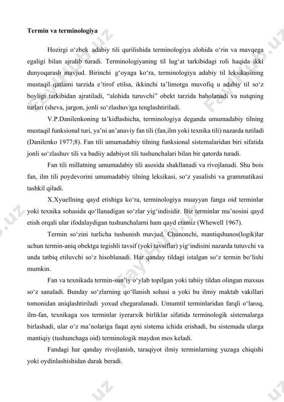 mantiqiy (logik) bo‘linishning rivojlanish va takomillashishida yangi qadam sanaladi. xx asrning 30- yillarida ushbu masala bilan yaqindan shug‘ullangan praga lingvistik maktabi (plm) a’zolari (n.trubetskoy, r.yakobson) g‘oyalarining 60- yillarda matnga mashina (ehm) yordamida ishlov berish, ya’ni matnlarni kodlash va qaytakodlash, ma’lumotlarni mashina yordamida axtarish, matnni bir tildan boshqa bir tilga tarjima qilish singari jarayonlarda o‘ta mahsuldor ekanligi isbotlandi. tamg‘alanmagan birliklarning nol ko‘rsatkichli, tamg‘alangan birliklarning esa tamg‘alanmagan birliklarga nisbatan qo‘shimcha ma’lumot tashishi jihatidan farqlanishi aniqlandi. termin va terminologik leksika tushunchalarini bir-biridan farqlash zarur. terminlarning qo‘llanish, tarqalish ko‘lami muayyan terminologik sistema bilan cheklangan bo‘lib, ular insonning faoliyati doirasidagi aniq uslubda harakat qiladi, voqelanadi. terminologik leksika o‘z tarkibiga tor mutaxassislik doirasidan ommaviy muloqot doirasiga ko‘chgan noprofessional nutqiy kontekstda keng qo‘llanadidigan so‘z va so‘z birikmalarini qamrab oladi. umumadabiy til doirasiga o‘tgan termin o‘z terminologiyasi, terminologik maydoni va sistemasidan yiroqlashadi, terminlik xarakteristikasidan ajralib qoladi. termin ta’rifi xususida ilmiy adabiyotlarda ko‘pdan-ko‘p mulohazalar bildirilgan. deyarli barcha ta’riflarda termin …
