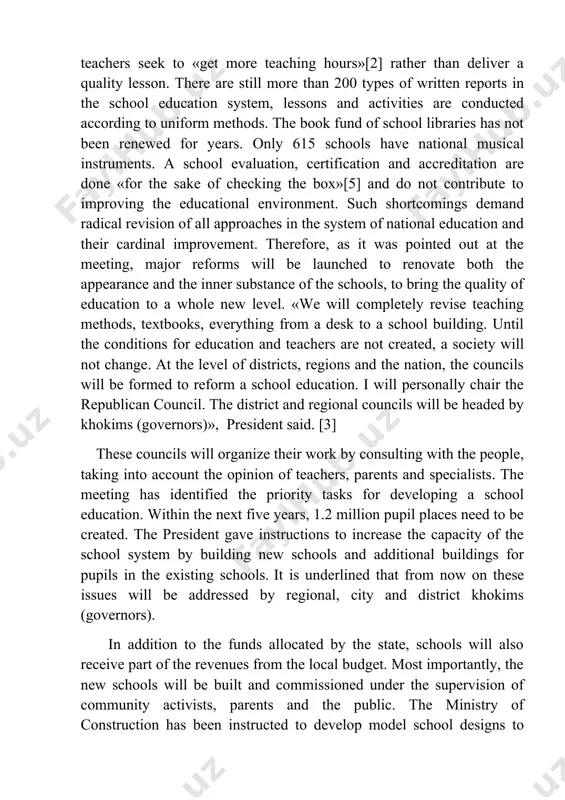 he president gave instructions to increase the capacity of the school system by building new schools and additional buildings for pupils in the existing schools. it is underlined that from now on these issues will be addressed by regional, city and district khokims (governors). in addition to the funds allocated by the state, schools will also receive part of the revenues from the local budget. most importantly, the new schools will be built and commissioned under the supervision of community activists, parents and the public. the ministry of construction has been instructed to develop model school designs to meet the new requirements. the next important issue after conditions is the school environment. stressing the need to reform the management of the sphere, the president gave recommendations for appointing heads of public education departments and school principals from among qualified managers and for attracting foreign specialists. the ministry of public education …