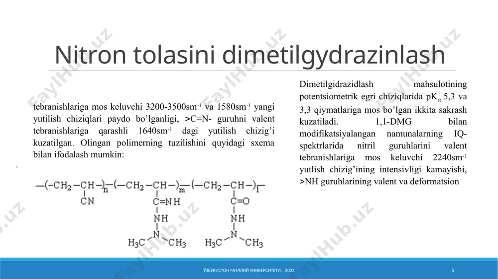 2. nitronni gidrolizlash orqali kationalmashinuvchi polimer olish. 3. nitronni turlihil azottutgan asoslar bilan ta’sirlanishi orqali anionit va poliamfolitlar olish. 4. tolasimon ionitlarni atrof muxitni muxofazalashda qo’llanishi. 5. antimikrob xususiyatli bog’lovchi polimer materiallar. 6. poligalloidli polimer bakterisid hususiyatli moddalar image2.png image3.png image4.png image5.wmf image6.wmf image7.png oleobject2.bin oleobject3.bin image8.png image9.png image10.png image11.png image12.png image13.png image14.png image15.png image16.jpeg image17.jpeg image18.png image19.png image1.jpeg