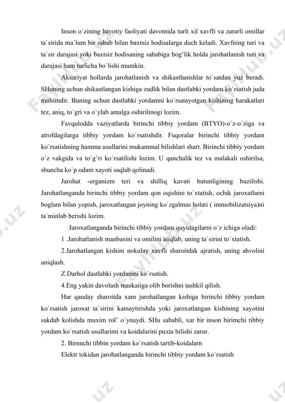 `rsatish usullarimi va koidalarini puxta bilishi zarur. 2. birnnchi tibbin yordam ko`rsatish tartib-koidalarn elektr tokidan jarohatlanganda birinchi tibbiy yordam ko`rsatish ishlab chiqarishda, xalokatlarda yoki tabiiy ofat sodir bo`lganda ko`pincha odamlar tok urishi natijasida shikastlanishi mumkin. bunday hol shikastlangan kishilar va kutkaruv ishlarini olib borayotganlar bilan xam yuz berishi mumkin. elektr tokidan shikastlangan kishi organizmining ayrim joylarida umumiy yoki maxalliy o`zgarishlar yuz beradi: teri kuyishi, yumshok tuqimalarning kuyishi, asab tizimini ishdan chiqishi, nafas olishningto`xtab qolishi va shu kabilar. insonlarni kuchlakish ostidagi mashina, mexanizm va qurilmalarning tok o`tkazuvchi qismlariga tegishi muskulni ixtiyorsiz ravishda qisqarishiga olib keladi va bu holatdan jaroxatlangan shaxsning o`zi chiqa olmaydi. bunday holatda birinchi navbatda elektr qurilmasini tok manbasidan ajratish talab etiladi. agar elektr shkaflari uzokda joylashgan bo`lsa elektr simini quruk yogoch dastali bolta yoki boshqa jixoz bilan qirqish mumkin. kuchlanish 1000 vgacha bo`lgan elektr toki ta`siridan qutqarishda quruq taxta, arqon, yogoch kaltak, rezina, dielektrik qo`lqop yoki tok o`tkazmaydigan …