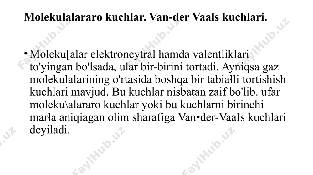 sir qiladi. masalan: tetrasianetilen va benzol orasida quyidagicha reaksiya boradi. benzolning bitta elektroni tetrasianetiten motekulasiga o' tadi va ion bog'ga o'xshash, lekin kuchsiz bcg'langan 2 ta molekuladan iborat sistema vu.iudga keladi. u molekulyar yoki a-kompleks deyiladi. molekulyar kompleks hosil bo'lishida 1 ta molekula donor 2chisi akseptor rolini o'ynaydi. donorlar 7t sistemalar aromatik halqali birikmalar, spitrlar, azotli asoslar. lyuis asoslari. akseptorlarga esa etektronga moyil va o•zida bo•sh orbital)i atom tutuvchi birikmalar (so., n02. niü•obirikmalar, xinon va hok). masalan donorlar akseptorlar molekulyar komplekslar gidroxinon xinon xingidron nh3 bf3 nhc it-komplekslarning eng muhim xarakterli xususiyati ularning rangi a]ohida komponentlamikidan farq qiladi. ms: xinon sariq rangli. xingidron yaltiroq ko'k rang!i, gidroxinon esa rangsiz yoki tetrasian va benzol rangsiz, ularnina molekulyar kompleksi to'q sariq tusga egadir. it-komplekslardagi bog' juda zaif bo• ladi, bog' energiyasi 210 kkal/molga teng. a-komplekslarga metatlosen birikmalar tarkibida metali kationi tutuvchi a-kompieksiarga tipik misol bo'ladi. demak, it-komplekslar hosil bo'lishi va tuzilishi jihatdan …