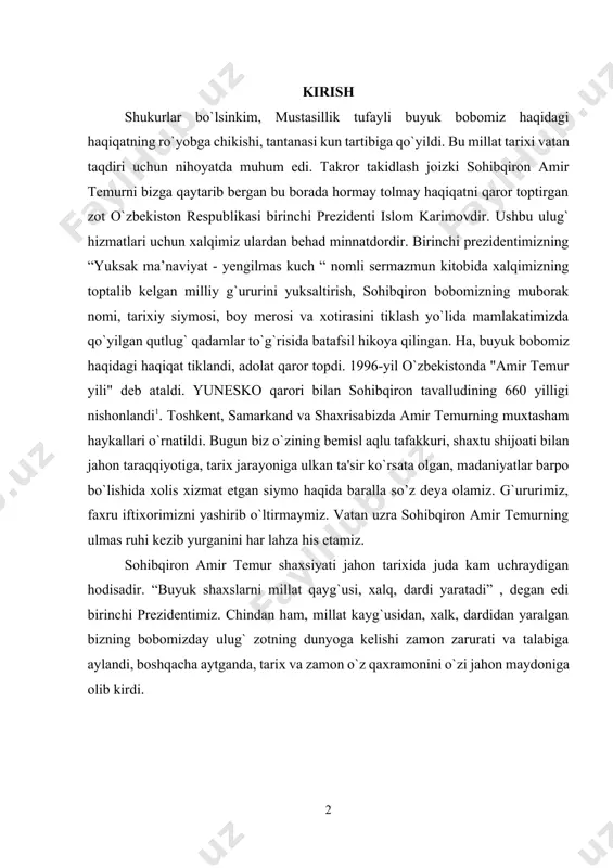 zotning dunyoga kelishi zamon zarurati va talabiga aylandi, boshqacha aytganda, tarix va zamon o`z qaxramonini o`zi jahon maydoniga olib kirdi. 1. ibn arabshoh.”ajoyib al-maqdur fi tarixi taymur” (temur tarixida taqdir ajoyibotlari) tarixdagi ulug` zotlar bahri ummonda kezib yurgan bahaybat kemalarga o'xshaydi. bir qaraganingizda, bu kema ko`zingizga yaxlit tashlangani bilan uning ichida va kayutalarida qanchadan-qancha tilsimli hodisalar yuz beradi. va bu kemaning izidan mavjlangan iz qoladi. bu iz xatto fazodan boqqanda ham ko'zga yaqqol tashlanishi mumkin. biz buyuk sohibqiron bobomiz amir temur hazratlarini dunyoda neki eng kuchli, eng jozibali, eng mahobatli bo'lsa, o'shalarga qiyoslashimiz mumkin. bu ulug`zotning hayoti va faoliyati, jo`nroq aytganda, tarjimai holi bizga ma'lum bulsa-da, birok biz eslatgan cho`qqi yohud ulkan kema yanglig`, bu muhtasham siymoning nomi bilan bog'liq biz bilmagai, eshitmagan rivoyatlar, hikoyatlar er yuzi bo`ylab kezib yuribdi.[footnoteref:1] [1: ajoyib al-maqdur, 19-bet] amir temur davri to`g`risida hozirgi kunda manbalar yetarli hissoblanadi . shuni qayd qilish kerakki, ushbu davr …