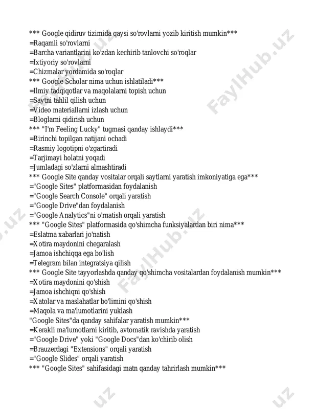 ="google sites" platformasidan foydalanish ="google search console" orqali yaratish ="google drive"dan foydalanish ="google analytics"ni o'rnatish orqali yaratish *** "google sites" platformasida qo'shimcha funksiyalardan biri nima*** =eslatma xabarlari jo'natish =xotira maydonini chegaralash =jamoa ishchiqqa ega bo'lish =telegram bilan integratsiya qilish *** google site tayyorlashda qanday qo'shimcha vositalardan foydalanish mumkin*** =xotira maydonini qo'shish =jamoa ishchiqni qo'shish =xatolar va maslahatlar bo'limini qo'shish =maqola va ma'lumotlarini yuklash "google sites"da qanday sahifalar yaratish mumkin*** =kerakli ma'lumotlarni kiritib, avtomatik ravishda yaratish ="google drive" yoki "google docs"dan ko'chirib olish =brauzerdagi "extensions" orqali yaratish ="google slides" orqali yaratish *** "google sites" sahifasidagi matn qanday tahrirlash mumkin*** =onlayn tahrirlovchi muhitda =faqat "google drive" yoki "google docs"da tahrirlovchi =faqat brauzer ilova orqali =ma'lumotlar bazasidan ko'chirib olib, keyingi tahrirlashda *** "google sites"ga qanday bilan tashrif buyurish mumkin*** =brauzerdagi "google sites" orqali ="google earth" ilovasidan foydalanib ="google maps" ilovasidan foydalanib =telegram orqali *** "google sites"da qanday ko'rsatilish uchun vosita mavjud*** ="google drive" …