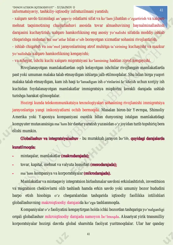 tufayli bosqichma-bosqich jahon xо‘jaligining yagona tovar, xizmatlar, kapital, ish kuchi, ma’lumot va bilimlar bozoriga aylanib borayotganligini tushunamiz. globallashuv jarayoni jahon iqtisodiyotidagi turli jabhalarni qamrab olmoqda, ya’ni: - tovarlar, xizmatlar, texnologiyalar, intelektual (aqliy) mulk obyektlarining milliy, xalqaro va jahon savdosi; - ishlab chiqarish omillarining xalqaro harakati (tabiiy resurslar ishchi kuchi, kapital va texnologiyalar); - xalqaro moliya-kredit va valyuta operatsiyalar kо‘lamining kengayishi (beg‘araz moliyalashtirish va yordam, xalqaro iqtisodiy munosabatlar subyektlariga kredit va zayomlar, qimmatbaho qog‘ozlar savdosi, maxsus moliya mexanizmi va vositalari); - ishlab-chiqarish, ilmiy-texnikaviy, texnologiya va informatsion hamkorlikning chuqurlashuvi; - о‘zaro tovar almashuvidan ishlab chiqarish baynalminallashuviga о‘tilishi ya’ni bir nechta mamlakatlarning ishlab chiqaruvchilari ma’lum bir tayyor mahsulot yaratishda turli shakl va bosqichda ishtirok etishlari va pirovard natijada ishlab chiqarish baynalminallashuvining institusional shakli sifatida transmilliy korporatsiyalarning vujudga kelishi; - kapital baynalminallashuvi, ya’ni mamlakatlar о‘rtasida xalqaro kapital harakatining jadallashuvi (bevosita xorijiy investitsiyalarning tashqi savdo va ishlab chiqarishga nisbatan tez sur’atlar bilan oshib borayotganligi), fond …