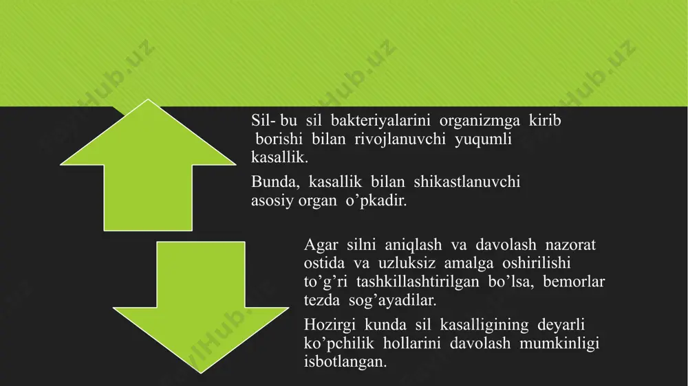 lishi, ko’p terlash, ko’krak qafasida og’riqlar, ishatahani pasayishi, vaznni yo’qotish, charchash. silning bu alomatlariga insonlar ko’pincha katta ahamiyat bermaydilar va tibbiy yordamga murojaat qilmaydilar, yoki o’zlarini o’zlari davolash bilan shug’ullanadilar. keyinchalik barcha tavsiflab berilgan alomatlar kuchayib, ularga qon tuflash qo’shilishi mumkin. yo’tal- sil kasalligining eng ajralib turuvchi alomatidir. agar u 2 haftadan ortiq davom etayotgan bo’lsa, albatta silga tekshiruvdan o’tishga yuborish kerak. sildan tuzalib ketish uchun bemorlarga quyidagilar zarur: shifokorga o’z vaqtida murojaat qilish; shifokor nazorati ostida davolash kursini to’liq o’tish; shifokor tomonidan tayinlangan silga qarshi dori vositalarini qabul qilish va davolanishda uzilishlarga yo’l qo’ymaslik; shifokorning barcha ko’rsatmalarini o’z vaqtida bajarish, chunki davolashning natijasi shunga bog’liq. silni davolashning sharoitlari bemorning holatiga, kasallikning tarqalganligiga va og’irligiga bog’liq holda silni davolash ambulator yoki statsionar sharoitida bo’lishi mumkin. ambulator davolash uyda o’tkazilishi yoki bemorlarning o’zlari davolash muassasasiga kelib davolanishlari mumkin. statsionar davolash bemorni shifoxonaga joylashtirish bilan amalga oshiriladi. sil bilan kasallangan bemorning ovqatlanish …