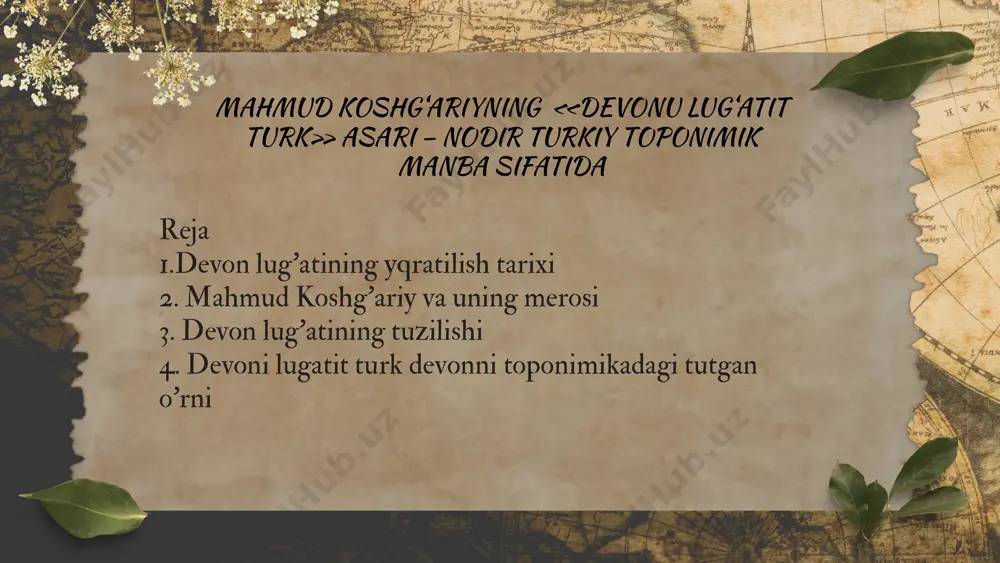 ng merosi mahmud ibn husayn ibn muhammad al-koshg‘ariy — xi asrda yashab ijod qilgan turkiy tilshunos, geograf, etnograf va madaniyatshunos olim. u qoshg‘ar (hozirgi shinjon, xitoy)da tug‘ilgan. devoni lug‘atit turk – asosiy ilmiy ishlari bo‘lib, turkiy xalqlarning tili, adabiyoti, urf-odati, geografiyasi, folklori va topografiyasi haqidagi eng muhim manba hisoblanadi. u 20 dan ortiq turkiy urug‘ va elatlar tilini tahlil qilgan. koshg‘ariy birinchi bo‘lib turkiy dunyoning til xaritasini chizgan. u tilni faqat grammatik jihatdan emas, balki xalq og‘zaki ijodi orqali ham ko‘rsatgan. devoni lug‘atit turkning tuzilishi bu asar tilshunoslik lug‘ati bo‘lishi bilan birga, madaniy, tarixiy, adabiy va geografik ma’lumotlarni ham o‘z ichiga oladi. tuzilish xususiyatlari: arab alifbosida yozilgan. har bir turkiy so‘z arab tilida izohlangan. lug‘at alifbo tartibida emas, balki mavzu va so‘zlar uyg‘unligi asosida tuzilgan. so‘zlarga misollar sifatida maqollar, she’rlar, hikmatli so‘zlar berilgan. kitobda 7500 dan ortiq so‘z bor. devoni lug‘atit turkning toponimikadagi o‘rni toponimika — bu geografik nomlar, joy …