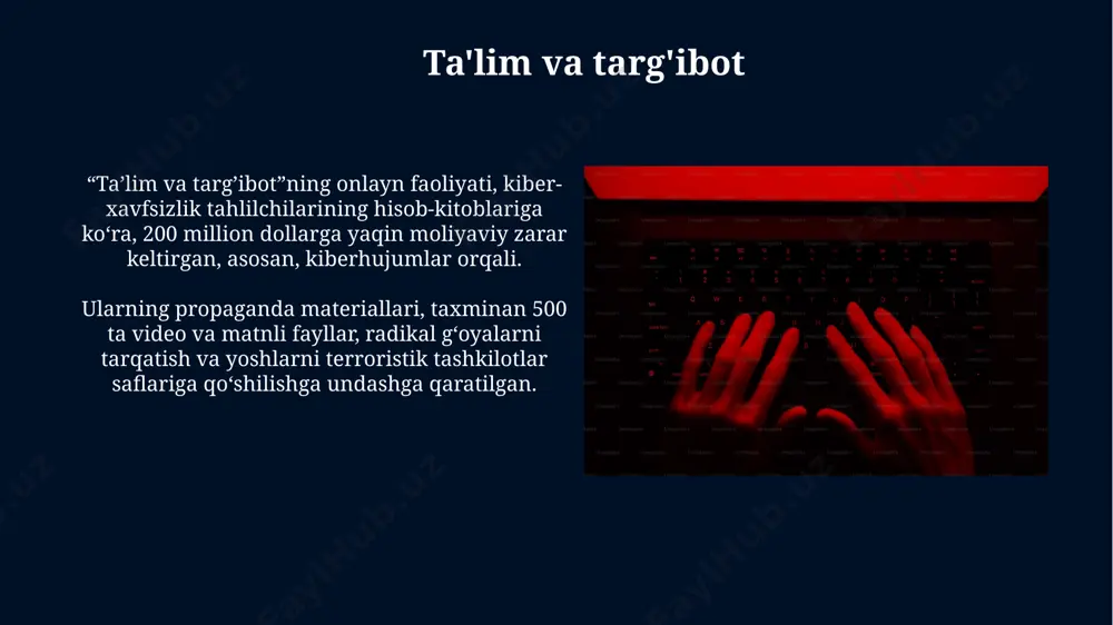 ni yoki serverlarni ishlatadigan hujumlardir. axborot xavfsizligi axborot xavfsizligini ta’minlashda 2023-yilda global miqyosda 100 milliard dollardan ortiq mablag' sarflandi, bu esa kiberterrorizm tahdidlarining o'sishiga qarshi kurashning murakkabligini ko'rsatadi. kiberterrorchilarning 70% dan ortig'i ma’lumotlarni o'g'irlash va firibgarlik uchun sofistika qilingan ijtimoiy muhandislik texnikalaridan foydalanadilar, bu esa axborot xavfsizligi tizimlarini yanada mustahkamlashni talab qiladi. kiberterrorizmning omillari zaif infratuzilma, eskirgan dasturiy ta'minot va yetarlicha malakali it mutaxassislarining yetishmasligi (taxminan 50% ga yaqin) kiberterrorizm uchun qulay sharoit yaratadi. davlatlararo siyosiy notinchliklar va geosiyosiy ziddiyatlar kiberhujumlarning sonini sezilarli darajada (15-20% gacha) oshiradi, bu esa global xavfsizlikka tahdid soladi. kiberterrorizm turlari kiberterrorizmning bir turi – axborot infratuzilmasiga keng ko‘lamli hujumlar, masalan, 1000 dan ortiq serverlarni bir vaqtning o‘zida zararsizlantirish yoki milliy darajadagi tarmoqlarni uzib qo‘yish orqali amalga oshiriladi. kiberterrorchilar ma’lumotlarni o‘g‘irlash va ularni sotuvga qo‘yish orqali, o‘rtacha 5 million aqsh dollaridan ortiq moliyaviy zarar yetkazish bilan tavsiflanadigan, moliyaviy kiberterrorizm usullaridan foydalanadilar. e'tiboringiz uchun rahmat @taqdimot_robot image5.jpg …