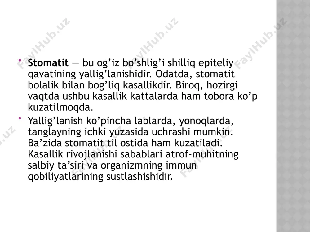 igan dori-darmonlarni qabul qilish. bunday preparatlar, xususan, diuretiklarni o’z ichiga oladi. chekish va haddan tashqari spirtli ichimlik iste’moli. boshqa surunkali kasalliklar. yaralar va boshqa kasalliklar rivojlanishi va qaytalanishini oldini olish uchun quyidagi alomatlar kuzatilganda shifokorga murojaat qilish tavsiya etiladi: stomatitning kelib chiqishi zararlangan hududning shishishi va og’riqli hislar bilan birga qizarishi bilan boshlanadi. agar stomatit bakterial infektsiya tufayli rivojlangan bo’lsa, jarohat joyida ertasi kuni silliq kichik yara hosil bo’ladi. uning atrofida qizarish kuzatiladi, jarohatning o’zi ingichka oq parda bilan qoplangan bo’ladi. agar yaraga teginilsa, og’riq va achishish paydo bo’ladi. ba’zi hollarda jarohat og’rig’i ovqat yeyishga va normal gapirishga to’sqinlik qiladi. stomatitning kechishi so’lak ajralishining oshishi va og’izdan yoqimsiz hid kelishi bilan birga bo’ladi. ba’zi holatlarda milk qonashi kuzatiladi. og’ir hollarda kasallik tana haroratining 39°c gacha ko’tarilishi va limfa tugunlarining kattalashishiga sabab bo’lishi mumkin. yaralar eng ko’p uchaydigan joy — lablarning ichki yuzasida, lunjda, tanglayda va bodomsimon bezlar ustida bo’ladi. kasallikda …
