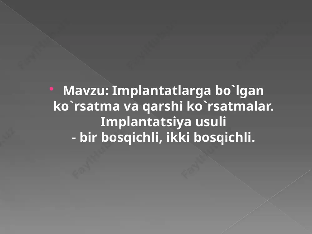 steoporoz, osteonekroz) -tuberkulez va uning oqibatlari -psixik kasalliklar -oits nisbiy qarshi ko'rsatmalar: yomon gigiena va og'iz bo'shlig'i sanatsiyasiga rioya etilmasligi gingivitning turli xil etiologiyasi parodontitning og'ir darajasi chpjb kasalliklari og'iz bo'shlig'ining xavfli xolati (rak oldi) zararli odatlar (chakish, alkogolizm, narkomaniya) bruksizm xomiladorlik va laktatsiya ko`rsatmalar 1. bemor bir dona tish yo`qotganida ( aql tishdan tashqari) 2. tish qatorlarining bir yoki ikki tomonlama chegaralanmagan nuqsonida 3. tish qatorlarining katta oraliq nuqsonida ( 4 va undan kko`p tish yo`qotishlarida) 4. jag`larda saqlanib qolgan tishlar soni kamligida 5. to`liq tishsizlikda  bir bosqichli implantlar bir bosqichli implantlarda implant + abatment bitta bo`ladi. bir yoki ikkita tish yo`qotilganda qo`llaniladi.  ikki bosqichli implantlar avval implant qo`yiladi, keyin abatment qo`yilib tish qotiriladi. ikki bosqichli implantlar bevosita implantlar tish olinishi bilan implant qo`yiladi. bevosita implantlar bilvosita implantlar (kechiktirilgan) kechiktirilgan (rejali) implantlar – avval tish olinadi, alveolyar katakcha bitgandan keyin qo`yiladi. osteointegratsiya osteointegratsiya bu implantat va suyak …