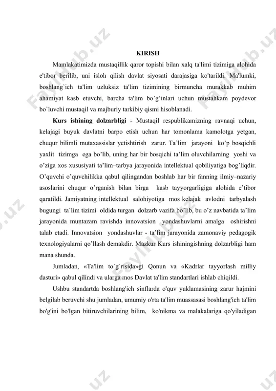ak avlodni tarbyalash bugungi ta`lim tizimi oldida turgan dolzarb vazifa bo’lib, bu o’z navbatida ta’lim jarayonida muntazam ravishda innovatsion yondashuvlarni amalga oshirishni talab etadi. innovatsion yondashuvlar - ta’lim jarayonida zamonaviy pedagogik texnologiyalarni qo’llash demakdir. mazkur kurs ishiningishning dolzarbligi ham mana shunda. jumladan, «ta'lim to`g`risida»gi qonun va «kadrlar tayyorlash milliy dasturi» qabul qilindi va ularga mos davlat ta'lim standartlari ishlab chiqildi. ushbu standartda boshlang'ich sinflarda o'quv yuklamasining zarur hajmini belgilab beruvchi shu jumladan, umumiy o'rta ta'lim muassasasi boshlang'ich ta'lim bo'g'ini bo'lgan bitiruvchilarining bilim, ko'nikma va malakalariga qo'yiladigan talablarni mujassamlashtiruvchi davlat me'yoriy hujjati, sifatida boshlang'ich ta'lim davlat ta'lim standartiga amal qila boshladi. davlat ta'lim standartlarida miqdorlar va ularni о`lchash bo'yicha quyidagi mavzular va amaliy ishlar ko'rsatiladi: 4-sinf matematika darsligi: uzunlik o'lchovi birliklari - millimetr, santimetr, detsimetr, metr, kilometr va ular orasidagi o'zaro munosabatlarni o'rganish; vaqt o'lchov birliklari - minut, soat, sekund, kun, hafta, oy, yil, asr va ular orasidagi munosabatlar;massa birliklari - …