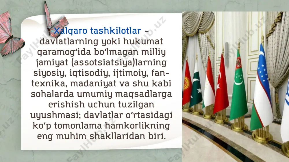 mkorlik qiladi e) islom hamkorlik tashkiloti (iht) oʻzbekiston musulmon davlatlari bilan iqtisodiy, madaniy va diniy sohalarda hamkorlikni rivojlantirishga intilmoqda. xalqaro tashkilotlar bilan hamkorlikning natijalari oʻzbekistonning xalqaro tashkilotlar bilan hamkorligi quyidagi yutuqlarga olib keldi: orolboʻyi mintaqasini ekologik innovatsiya va texnologiyalar hududi sifatida tan olish. xavfsizlikni taʼminlashda mintaqaviy va xalqaro tashabbuslarni amalga oshirish. investitsiyalar hajmining oshishi va iqtisodiy aloqalarning mustahkamlanishi. global miqyosda mamlakatning nufuzi oshishi. sammit sammit samarqand tumani va toyloq tumani oʻrtasida joylashgan sayyohlik markazida boʻlib oʻtdi. ushbu sammit tashkilot qayta tashkil qilingandan beri tartib boʻyicha 22-yigʻilish boʻldi. e’tiboringiz uchun raxmat image1.jpeg image2.png image3.png image4.png image5.png image6.png image13.svg image7.jpeg image8.png image9.png image10.png image11.png image12.png image13.png image14.png image15.png image16.png image17.png image18.png image19.png image20.png image21.png image22.png image23.png image24.png image25.jpeg image26.png image27.png image34.png image35.png image28.png image29.png image30.jpeg image31.png image39.svg image32.png image33.png image40.png image36.jpeg image37.png image38.png image39.png image43.png image44.jpeg image45.png image41.jpeg image42.png image49.jpeg image50.png image51.png image46.jpeg image47.png image56.svg image48.png image52.png /docprops/thumbnail.jpeg