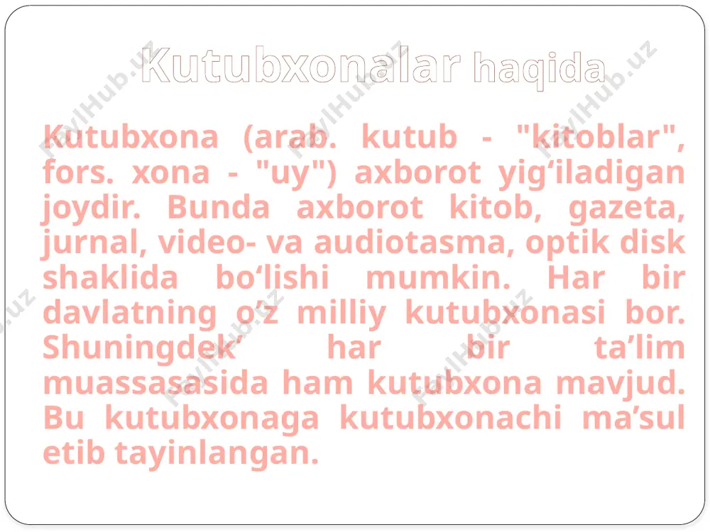 ssasini qo’shgan holda bittadan kitob sovg’a qilishdir. kelajak kutubxonasi kelajakda shu loyihada ko’zda tutilgan maqsadlarga erishamiz degan umiddamiz. bizning kutibxona ham kelgusida jahon standardlariga mos bo’ladi deb ishonch bilan ayta olamiz. maktab ma’muriyatidan bizning ham kutubxona alisher navoiy nomidagi o’zbekiston milliy kutubxonasi bilan hamkorlik faoliyatini yo’lga qo’yishni so’rab qolardik. alisher navoiy nomidagi o’zbekiston milliy kutubxonasi e’tiboringiz uchun rahmat! image2.jpeg image3.jpeg image4.jpeg image5.jpeg image6.jpeg image7.jpeg