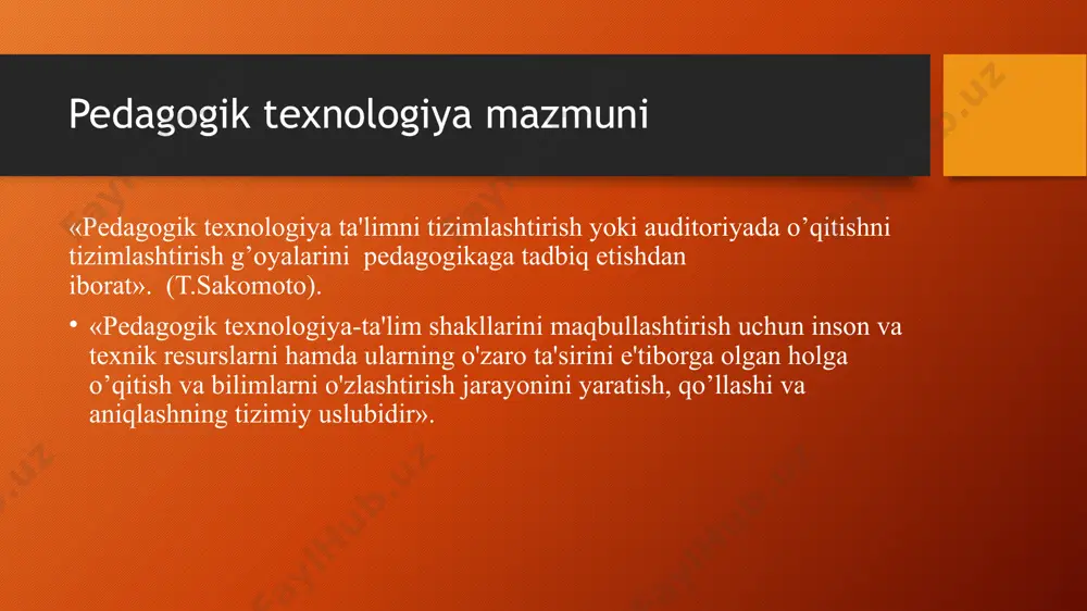 n holga pedagogik muvaffaqiyatni kafolatlay oladigan talaba shaxsini shakllantirish jarayonining loyihasidir». v.p. bespalkoning o'zbekistonlik shogirdlaridan n. sayidahmedov va m. ochilovlarning fikricha, “pedagogik texnologiya - bu o'qituvchi(tarbiyachi)ning o’qitish (tarbiya) vositalari yordamida talaba (talaba)larga muayyan sharoitda ta'sir ko'rsatishi va bu faoliyat maqsuli sifatida ularda oldindan belgilangan shaxs sifatlarini intensiv shakllantirish jarayonidir”. pedagogik texnologiya – …. m.v. klarin fikricha, “pedagogik texnologiya-o’quv jarayoniga texnologik yondashgan holga, oldindan belgilab olingan ko'rsatkichlardan maqsad kelib chiqib, o’quv jarayonini loyihalashdir”. i.ya. lernerning fikriga ko'ra, “pedagogik texnologiya-talabalar harakatlarida aks etgan o’qitish natijalari orqali ishonchli anglab olinadigan va aniqlanadigan maqsadni ifodalaydi”. e’tiboringiz uchun rahmat! image2.png image3.png image4.jpeg image5.jpeg image6.jpeg image7.jpeg image1.png /docprops/thumbnail.jpeg