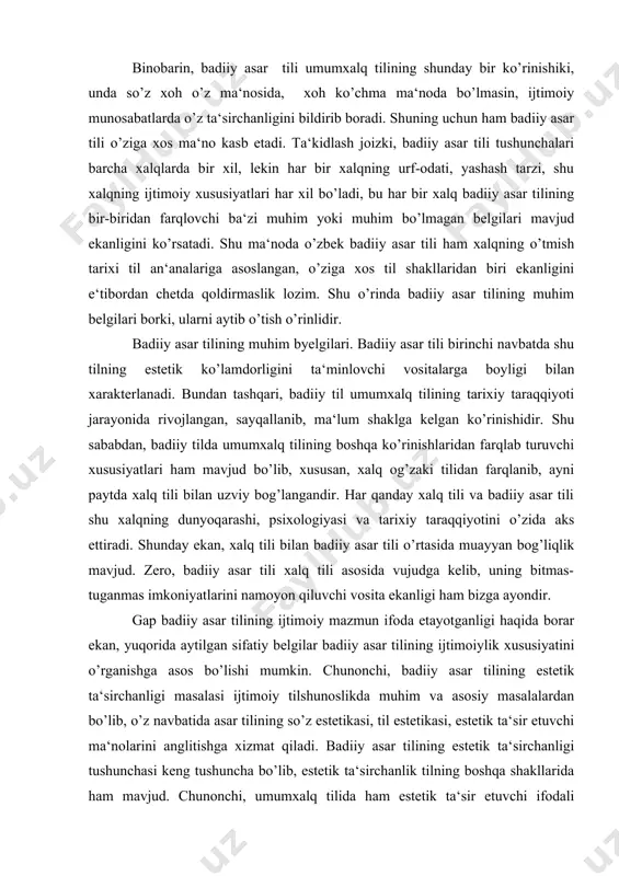 zida aks ettiradi. shunday ekan, xalq tili bilan badiiy asar tili o’rtasida muayyan bog’liqlik mavjud. zero, badiiy asar tili xalq tili asosida vujudga kelib, uning bitmas-tuganmas imkoniyatlarini namoyon qiluvchi vosita ekanligi ham bizga ayondir. gap badiiy asar tilining ijtimoiy mazmun ifoda etayotganligi haqida borar ekan, yuqorida aytilgan sifatiy belgilar badiiy asar tilining ijtimoiylik xususiyatini o’rganishga asos bo’lishi mumkin. chunonchi, badiiy asar tilining estetik ta‘sirchanligi masalasi ijtimoiy tilshunoslikda muhim va asosiy masalalardan bo’lib, o’z navbatida asar tilining so’z estetikasi, til estetikasi, estetik ta‘sir etuvchi ma‘nolarini anglitishga xizmat qiladi. badiiy asar tilining estetik ta‘sirchanligi tushunchasi keng tushuncha bo’lib, estetik ta‘sirchanlik tilning boshqa shakllarida ham mavjud. chunonchi, umumxalq tilida ham estetik ta‘sir etuvchi ifodali vositalar ko’plab mavjud bo’lganidek, xalq maqollarida, oddiy so’zlashuvga xos bo’lgan ko’pgina lug’aviy birliklarda ham bu holatni uchratish mumkin. shu boisdan ham, estetik ta‘sirchan vositalarning ko’plab qo’llanilishi badiiy asar tilining o’ziga xos xususiyatlarini belgilovchi omillardan biridir. shuning uchun ham badiiy …