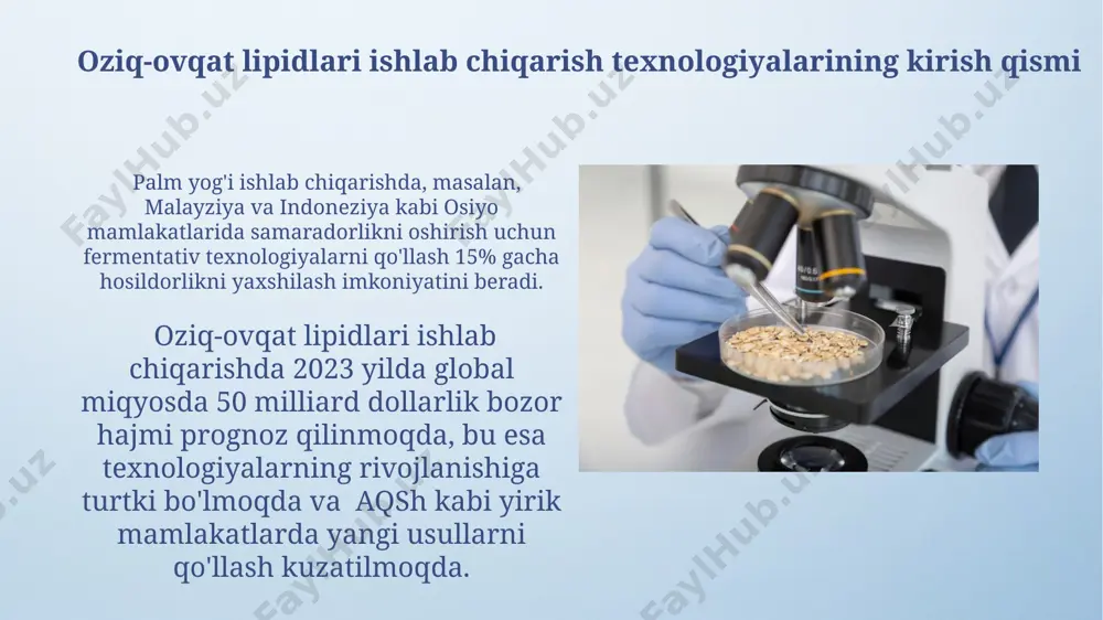 kutilmoqda. oziq-ovqat lipidlarining sifat nazorati o'zbekistonning janubiy hududlarida yetishtirilgan paxta yog'ida 15-20°c haroratda qattiqlashish vaqti 4-6 soatdan oshmasligi kerak, bu sifat belgisidir. sariyog' mahsulotlarida suvning miqdori 16% dan oshmasligi, namlik miqdori esa 1% dan kam bo'lishi kerak, bu parametrlar samarqanddagi laboratoriyalar tomonidan aniqlanadi. oziq-ovqat lipidlarini olish usullari margarin ishlab chiqarishda, rossiyadan olingan xom ashyo asosida, gidrogenlash jarayoni orqali qattiq yog'larni olish texnologiyasi qo'llanilib, mahsulotning eritilish haroratini 35-40°c gacha oshirish mumkin. qoraqalpog'iston respublikasida 2023 yilda zamonaviy uskunalar bilan jihozlangan yangi moy zavodining ishga tushirilishi bilan, quyoshgul yog'i ishlab chiqarish hajmi 15% ga ortdi, bu esa mintaqaning oziq-ovqat xavfsizligiga ijobiy ta'sir ko'rsatdi. yog'lar va yog'larning kimyoviy tarkibi o'zbekistonning turli hududlarida yetishtiriladigan paxta urug'idan olingan yog'da 20% dan ortiq to'yinmagan yog' kislotalari, jumladan, linoleik va oleik kislotalar mavjud. yog'larning asosiy tarkibiy qismlari – glitserin va yog' kislotalaridan iborat bo'lib, ularning uzunligi va to'yinganligi yog'ning fizik xossalarini, masalan, erish nuqtasini (masalan, palmitik kislota – …