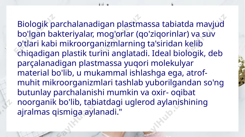 ti, xarid qilish sumkalari, axlat sumkalari, kompost sumkalar, bir marta ishlatiladigan tushlik qutilari, tez tayyorlanadigan no'xat idishlari, yostiqli qadoqlash materiallari 3. kundalik oziq-ovqat, bir marta ishlatiladigan idish-tovoq (pichoq, vilka, pichoq) o'yinchoqlar, bir marta ishlatiladigan qo'lqoplar 4. sport anjomlari, golf kurslari va naychalar 5. gigiena vositalari, ayollar uchun gigiena vositalari, bolalar tagliklari, tibbiy matraslar, bir marta ishlatiladigan jiletlar. 6. tibbiy materiallar, bintlar, qisqichlar, paxtadan tayyorlangan shimgichlar, qo'lqoplar, giyohvand moddalar chiqaradigan materiallar, jarrohlik choklari va sinishlarni mahkamlash materiallari. atrof muhitni muhofaza qilish to'g'risida xabardorlikning ortishi biologik, parchalanadigan yangi materiallar sanoatiga ulkan rivojlanish imkoniyatlarini yaratdi. evropa, amerika qo'shma shtatlari va yaponiya kabi rivojlangan mamlakatlar va mintaqalar mahalliy taqiqlar, cheklovlar, ifloslanish uchun soliqlarni yig'ish va yig'ish kabi choralar orqali parchalanmaydigan plastmassalardan foydalanishni cheklash uchun tegishli qoidalarni ketma-ket ishlab chiqdilar va e'lon qildilar. yaponiyada biologik parchalanadigan plastmassa tadqiqotlari assotsiatsiyasining ma'lumotlariga ko'ra, yaponiyada biologik, deb parçalanadigan plastmassa ishlab chiqarish 2002 yilda qariyb 10 ming tonnani, 2003 …