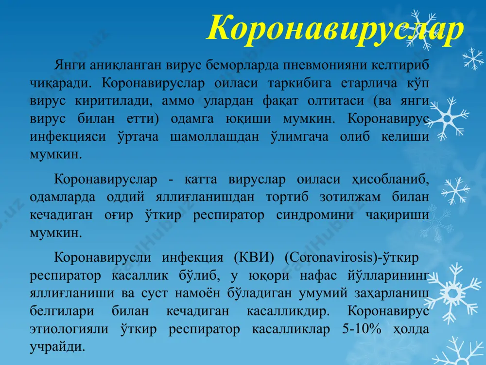 лота рецептори орқали бирикади ва вирус репликацияси содир бўлади. бу киприксимон эпителийни зарарланишига ва хемокин ҳамда интерлейкинларнинг индукциясига олиб келади. патогенез патогенез касаллик клиникаси вирус юққандан сўнг 2-4 кун ўтгандан кейин намоён бўлади. касаллик ўткир, тана ҳароратининг ошиши, яққол ривожланмаган умумий заҳарланиш белгилари билан бошланади. шунингдек, болаларда нафас олганда кўкрак қафасида оғриқ, йўтал, қуруқ ҳуштаксимон хириллашлар эшитилади. коронавирус инфекцияси ўткир пневмония билан асоратланиши мумкин. кўкрак қафаси рентгенографиясида ўчоқли ёки интерстициал инфильтратлар аниқланади. оғир ҳолларда нафас олиш аъзолари фаолияти ёмонлашиб, иккинчи ҳафтада касаллик респиратор дистресс-синдром ривожланиши, катталарда бу турли аъзолар дисфункцияси билан кузатилиши мумкин. баъзан бўйин лимфа тугунлари катталашади. коронавирус инфекциясининг ўткир гастроэнтерит кўринишида кечиши ҳам аниқланган. бу касаллик 1-3 кун давом этади ва бемор тўлиқ тузалади. клиника - гуруҳли касалланиш, асосан бир оила вакиллари ёки болалар орасида; - мавсумийлик– қиш ва баҳор фасллари; -яширин даври- 2-4 кун; -касалликнинг ўткир бошланиши; -етакчи симптомокомплекс-интенсив ринит, баъзида ларинготрахеит белгилари ривожланиши мумкин; -доимий бўлмаган …