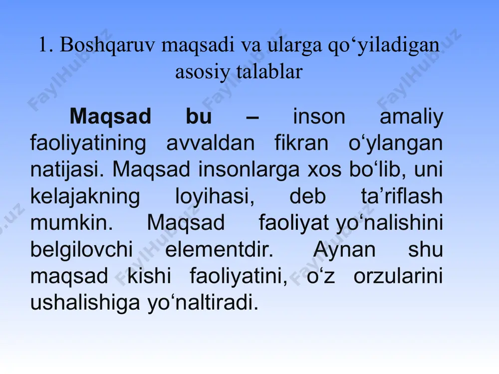 sadlar istiqbolli (perspektiv) maqsadlari boshqaruvning amalga oshirilishiga qarab uzluksiz (kundalik) maqsadlari fursatli maqsadlar bir martalik maqsadlari murakkablik darajasiga qarab oddiy, an’anaviy maqsadlari muammoli maqsadlari innovatsion maqsadlari boshqaruv maqsadi turlari joriy maqsadlar deganda bir yil ichida, yil choragi, bir oy va undan ham kamroq muddat mobaynida amalga oshiriladigan maqsadlar tushuniladi. istiqbolli (perspektiv) maqsadlar deganda besh yil yoki undan ko‘proq davr mobaynida amalga oshiriladigan maqsadlar tushuniladi. uzluksiz maqsadlar: har kuni qabul qilinadigan va amalga oshiriladigan odatiy maqsadlar tushuniladi. ijtimoiy-iqtisodiy maqsadlar: iqtisodiy faoliyat erkinligiga o‘tish, mulkchilikning xilma-xilligiga erishish, narx erkinligini ta’minlash, raqobat kurashiga o‘tish tushuniladi. 2. boshqaruvning asosiy funksiyalari “funksiya” – bu lotincha so‘z bo‘lib, biror kimsa yoki narsaning ish, faoliyat doirasi, vazifasi degan ma’nolarni bildiradi. “vazifa” – bu amalga oshirilishi, hal qilinishi lozim bo‘lgan masala, erishilishi lozim bo‘lgan, ko‘zda tutilgan maqsad. yoki biror bir topshiriq, xizmat, yumish, xizmat lavozimi, mansab, amal demakdir. boshqarish funksiyasi deganda u yoki bu obyektni boshqarishga oid aniq …