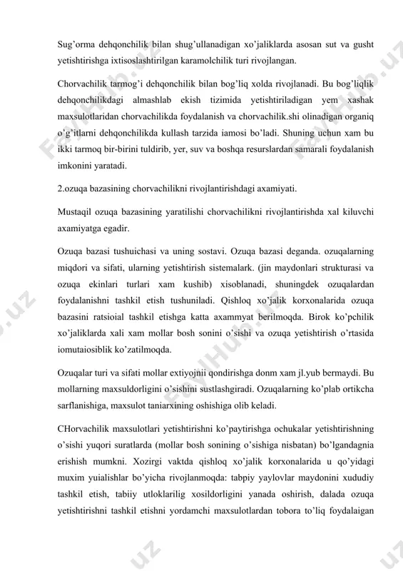 tashkil etishni yordamchi maxsulotlardan tobora to’liq foydalaigan xolda yaxshilash, ozuqa tayyorlash va saklash texiologiyasipi takomillashtirish, xamda aralash otukalar yetishtirishni ko’paytirishdan iboratdir. ozuqa yetishtirishni intensivlash yer maydonlaridan va boshqa ishlab chiqarish vositalaridan yanada ratsioial foydalanishga imkoi bsradi. xosildorlik barqaror va chorva maxsuldorligi yuqori bo’lganda me.chiat unimdorligi ancha oshadi va xo’jaliklarning daromadi yanada ko’payadi. to’liq qimmatli va arzon ozuqalar olishning eng asosiy manbalaridan nori pichanzorlar va yaylovlar bo’lib qolishi kerak, ular barcha qishloq xo’jalik yerlarining 60% ga yakninii egallaydi.ularni yaxshilash va to’g’ri foydalanib borish xosildorlikni 2-3 marta oshirishga imkoi beradi. chorvachilikni oqsilli ozuqaga bo’lgan extiyojini yanada to’liq qondirish zarur. ozuqabop dala ekinlarni yetishtirishni ko’paytirish, eqiladigap va tabiiy pichanzorlardan olinadigan ozuqalarning xosildorligini ustirishga erishish, sug’oriladigan pichanzor va yaylovlarning, shuningdek suv chiqariladigan yaylovlarning yuqori maxsuldor maydonlarni ko’paytirish, xashaki va shirali ozuqalar yetishtirishni kengaytirish, xar bir xo’jalikda extiyot ozuqa zapaslari tashkil etish, dagal ozuqalar sifatini yaxshilashdan iborat bo’lmogi ksrak. shuningdek , dagal va shirali ozuqalar …