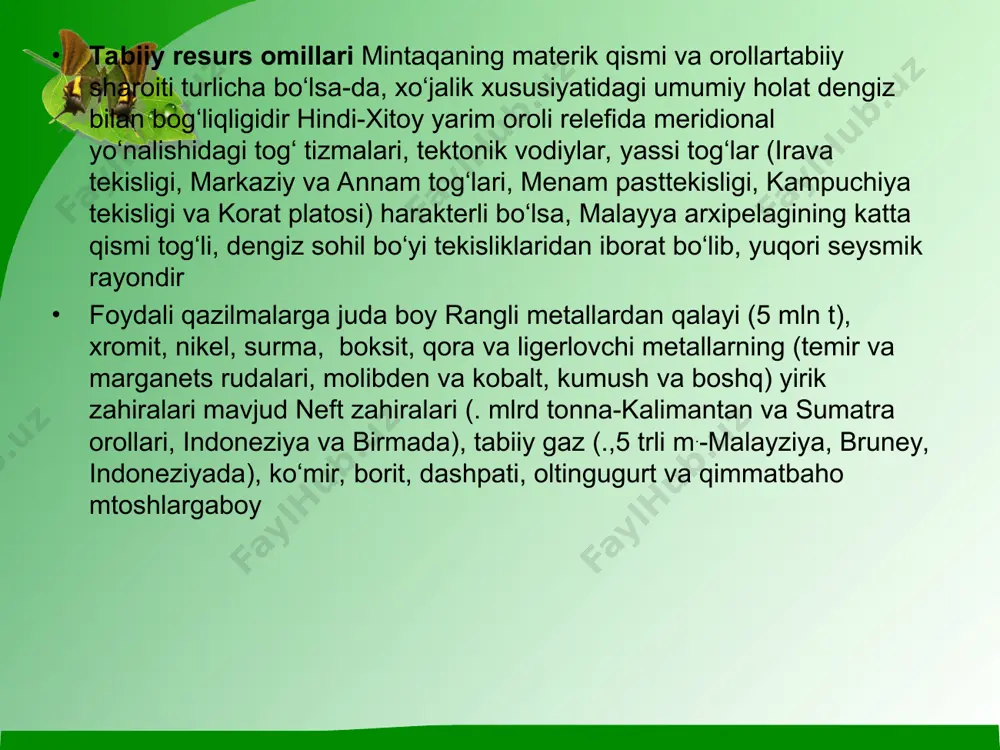tlar (singapur, jarakta, xanoy, kuala-lumpur, bangkok, manila va boshqa) mavjud tashqi iqtisodiy aloqalari tashqi savdo mintaqa iqtisodiyotida muhim o‘rin tutadi eksportda qalayi (dunyo bo‘yicha 75%), rangli metall rudalari va neft, mahsulotlari, shirik ziravorlar, tabiiy kauchuk (dunyo bo‘yicha 50%), mevalar (jumladan, konservalar) va dengiz mahsulotlari kabi an’anaviy mahsulotlaridan tashqari, 80-yillardan boshlab ilmiy-texnika taraqqqiyoti bilan bog‘liq, zamonaviy va o‘ta zamonaviy mashinasozlik, elektrotexnika va elektronika (ayniqsa, maishiy elektronika mahsulotlari, kompyuter texnikasi, xizmatlar (mehmonxona va restoran xizmati, turizm va boshq) ko‘rsata boshladi import asosan ishlov beruvchi sanoat maxsulotlari (mashinasozlik va kimyo sanoati), paxta tolasi muhim o‘rin tutadi mintaqa mamlakatlarining boshqa mamlakatlar bilan investitsion va ilmiy-texnik hamkorligi (asosiy savdo sheriklari-yaponiya va aqshga tashqi savdo aylanmasining 3/5 qismi to‘g‘ri keladi) kuchayib bormoqda keyingi yillarda rossiya, o‘zbekiston va boshqa bozor iqtisodiyotiga o‘tayotgan mamlakatlar bilan harbiy – texnik, savdo-sotiq aloqalari yangi bosqichga kirdi mintaqa mamlakatlarining ijtimoiy-iqtisodiy rivojlanishi, bozor iqtisodiyoti va bozor munosabatlari shakllanishi, xo‘jalik tarkibi va iqtisodiy o‘sish …