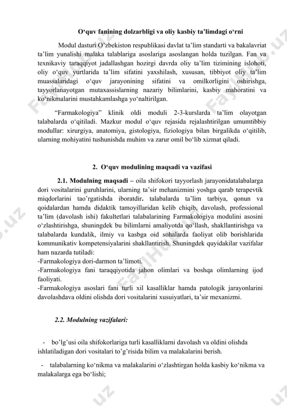 a ega bo‘lishi; - talabalarning mazkur yo‘nalishdagi bilimlarini xalqaro standartlarga muvofiq ravishda egallashini ta’minlash; - ma’lumotlarning izlab topishning qulay usullari va vositalarini aniqlash; - an’anaviy o’quv va ilmiy adabiyotlardan unumli foydalanish; - me’yoriy hujjatlar bilan ishlash; - ta’limning turli usullaridan (noan’anaviy yamgi pedagogik texnologiya) foydalangan holda o’quvchilarni nazariy va amaliy bilimlarni puxta egallashga va mustaqil fikrlashga o’rgatish; 2.3. modul bo‘yicha talabalarning bilim, ko‘nikma va malakalariga qo‘yiladigan talablar: fanni o’zlashtirish natijasida o’quvchi: 5- semestr 1. dori vositalarini tasnif guruhlari 2. ta’sir mehanizmi va ta’sir turlari. 3. retsept blankalari, turlari tuzulishi shakllari va to’ldirishni o’rganish. 4. retsept yozish qoidalari. 5. dori shakllari va ularning tasnifi: qattiq, suyuq, yumshoq va in’eksiya uchun ishlatiladigan dori shakllari, ularning tasnifi. 5-semestr 6. ularga retsept yozish qoidalari. 7. qattiq dori shakllari: tabletka, draje, poroshok, kapsulalar bilan tanishish va ularga retsept yozish. 8. dori vositalari bilan o’tkir zaharlanish belgilari 9. dori vositalari bemorni yoshiga qarab dozalash 10. dori …