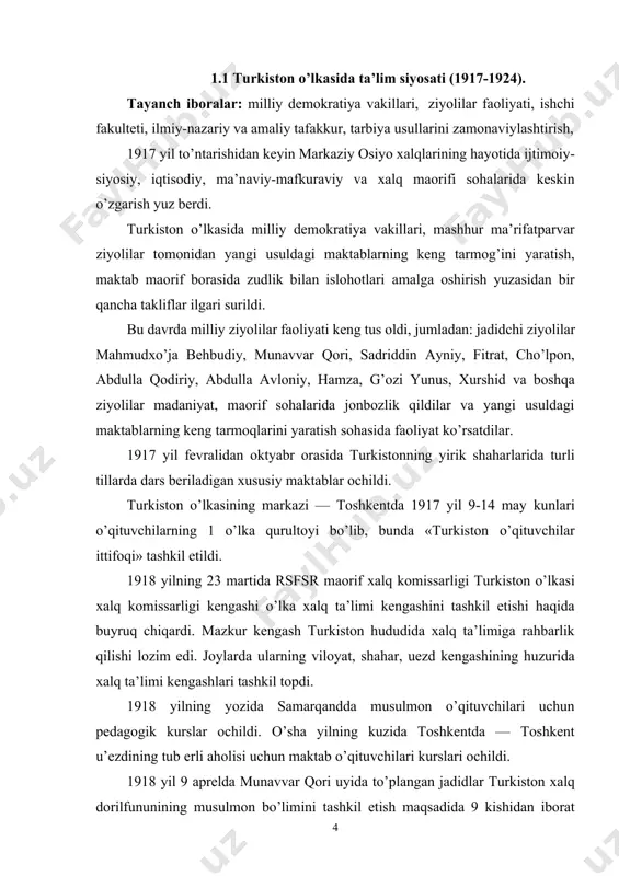 917 yil to’ntarishidan keyin markaziy osiyo xalqlarining hayotida ijtimoiy-siyosiy, iqtisodiy, ma’naviy-mafkuraviy va xalq maorifi sohalarida keskin o’zgarish yuz berdi. turkiston o’lkasida milliy demokratiya vakillari, mashhur ma’rifatparvar ziyolilar tomonidan yangi usuldagi maktablarning keng tarmog’ini yaratish, maktab maorif borasida zudlik bilan islohotlari amalga oshirish yuzasidan bir qancha takliflar ilgari surildi. bu davrda milliy ziyolilar faoliyati keng tus oldi, jumladan: jadidchi ziyolilar mahmudxo’ja behbudiy, munavvar qori, sadriddin ayniy, fitrat, cho’lpon, abdulla qodiriy, abdulla avloniy, hamza, g’ozi yunus, xurshid va boshqa ziyolilar madaniyat, maorif sohalarida jonbozlik qildilar va yangi usuldagi maktablarning keng tarmoqlarini yaratish sohasida faoliyat ko’rsatdilar. 1917 yil fevralidan oktyabr orasida turkistonning yirik shaharlarida turli tillarda dars beriladigan xususiy maktablar ochildi. turkiston o’lkasining markazi — toshkentda 1917 yil 9-14 may kunlari o’qituvchilarning 1 o’lka qurultoyi bo’lib, bunda «turkiston o’qituvchilar ittifoqi» tashkil etildi. 1918 yilning 23 martida rsfsr maorif xalq komissarligi turkiston o’lkasi xalq komissarligi kengashi o’lka xalq ta’limi kengashini tashkil etishi haqida buyruq …