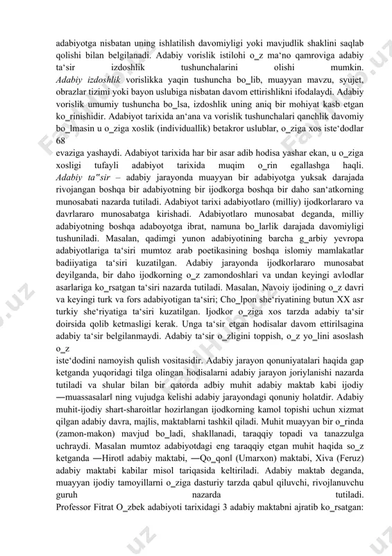 ishga moyillik tug‗ilgandagina u adabiy an‘anaga aylanadi. uzoq davom etmagan yoki keying avlod adabiyotiga ta‘sir etib ular tomonidan ijodiy davom ettirilmagan hodisalar an‘anaga aylanmay qolib ketishi mumkin. adabiyot tarixida ―hamsa‖ chilik an‘anasi xalq og‗zaki ijodi an‘analari yoki bayonchilik an‘analari tarzida qo‗llanilishi mumkin. adabiy vorislik adabiy an‘ana bilan bir xil ma‘noda qo‗llanadi. vorislik deganda, an‘anaviy merosning davomiyligi unga egalik qilish salohiyati nazarda tutiladi. voris an‘anani qabul qiluvchigina emas, balki uni ertangi kunga yetkazuvchi ko‗rik hisoblanadi. an‘analar ko‗proq milliy shakl va vositalar asosida namoyon bo‗lar ekan, vorislik ham muayyan milliy adabiyotga nisbatan uning ishlatilish davomiyligi yoki mavjudlik shaklini saqlab qolishi bilan belgilanadi. adabiy vorislik istilohi o‗z ma‘no qamroviga adabiy ta‘sir izdoshlik tushunchalarini olishi mumkin. adabiy izdoshlik vorislikka yaqin tushuncha bo‗lib, muayyan mavzu, syujet, obrazlar tizimi yoki bayon uslubiga nisbatan davom ettirishlikni ifodalaydi. adabiy vorislik umumiy tushuncha bo‗lsa, izdoshlik uning aniq bir mohiyat kasb etgan ko‗rinishidir. adabiyot tarixida an‘ana va vorislik tushunchalari qanchlik …