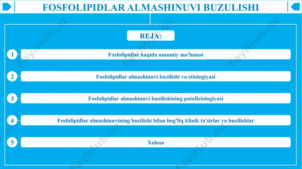 an. yog 'kislotalari uzunligi va to'yinganligi jihatidan farq qilishi mumkin, bu esa membrananing suyuqligiga ta'sir qiladi. fosfat guruhi: glitserin molekulasining uchinchi uglerodiga biriktirilgan bu fosfat guruhi fosfolipidning qutbli, hidrofil “boshi” hisoblanadi. qo'shimcha qutbli guruh: fosfat guruhi ko'pincha boshqa qutbli molekulaga (masalan, xolin, etanolamin, serin yoki inositol) bog'lanadi, bu esa molekulaning xususiyatlari va funktsiyasiga yanada ta'sir qiladi. c3​h5​o4​p-r1​-r2 r₁ va r₂ uzun uglevodorodlar (yog 'kislotalari) zanjirlari. fosfat guruhi turli xil qutb bosh guruhlari bilan bog'langan. fosfolipidlar haqida umumiy ma'lumot fosfolipidlarning vazifalari membrananing tuzilishi: fosfolipidlar hujayra membranasini va organellalarning membranalarini tashkil etuvchi ikki qavatli qatlamlarni hosil qiladi. ularning amfipatik tabiati moddalarni tanlab tashish imkonini beruvchi yarim o'tkazuvchan to'siqni yaratishga yordam beradi. hujayra signalizatsiyasi: fosfolipidlar turli signal molekulalarining kashshoflaridir. masalan, fosfatidilinositol fosfatidilinositol 4,5-bisfosfat (pip₂) hosil qilish uchun fosforlanadi, keyinchalik u inozitol trifosfat (ip₃) va diatsilgliserol (dag) ga bo'linadi, ularning ikkalasi ham hujayra ichidagi signalizatsiya yo'lida rol o'ynaydi. membrananing suyuqligi va barqarorligi: fosfolipidlardagi yog …