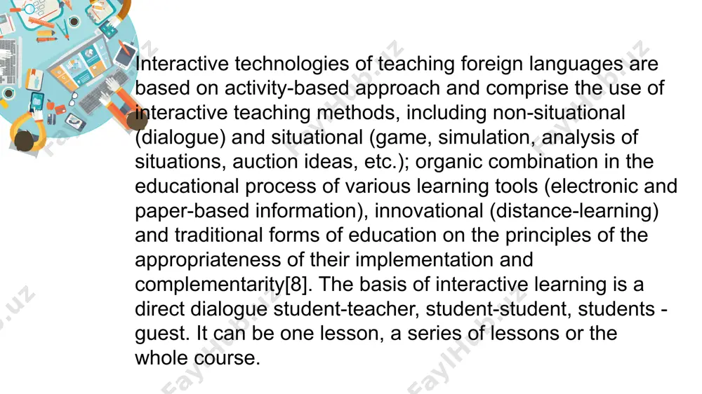 phere. a teacher should involve students in a discussion after reading an article or a text which is connected with their future job. a teacher organizes, facilitates the discussion by formulating the questions, pointing out interesting, original ideas. contradictive issues, helping to settle disagreements. it is obvious that there cannot be one universal scheme of organizing learning process. lesson structure depends on goals, contents, target audience, etc. using interactive technologies is not an objective, but it is a means of creating necessary conditions for communicatively effective learning. it encourages individuals' cooperation, self-development, improves both skills of foreign language communication and personality traits. thanks image1.png image2.png image4.emf image3.emf