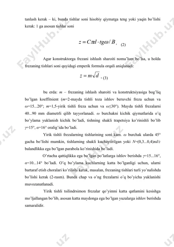 lgan holda tayyorlanadi («zig zag» frezalar), bu kesuvchi qirralarning toretsi yuzasida musbat oldingi burchaklarni γτ>0 hosil qilishga imkon beradi (3-v rasm). ularni charxlashda frezaning kengligi kamayadi, shuning uchun orasiga o’lchamli halqa o’rnatilgan ikkita alohida qismdan yig’ilgan frezalar qo’llaniladi. yaxlit frezalarni d=63...125 mm diametrli, v=12...60 mm kenglikda tayyorlanadi. bunda pichoqlarni tezkesar po’latlardan tayyorlanib pona ko’rinishli pazlarga o’rnatiladi (4-b rasm). paz ochuvchi frezalarni (4-g rasm) kengligi bo’yicha aniqligi yuqori bo’lgan pazlarni frezalashda qo’llaniladi. tashqi ko’rinishi bo’yicha ular uch tomonlama diskli frezalarga o’xshash bo’lib kesuvchi qirralarning uzunligi kichik (γ=10...15°, α=20°). yordamchi kesuvchi qirralarni toretsda φ1=1...2° burchak ostida yo’nib olinadi, qirindi kanavkalarini faqat tsilindrsimon yuzasida kesib tayyorlanadi. frezalar 50...100 mm diametrli va kengligi 3...16 mm qilib tayyorlanadi qirquvchi (otreznie) frezalar. bunday frezalar shakli bo’yicha paz kesuvchi frezalarga o’xshash bo’lib, ularni chuqur bo’lmagan va kengligi kichik pazlarni frezalash uchun qo’llaniladi, masalan, kengligi v=0,2...6,0 mm.li щlitsa pazlarini, hamda har qanday profil va qalinlikdagi zagotovkalarni kerakli o’lchamga …